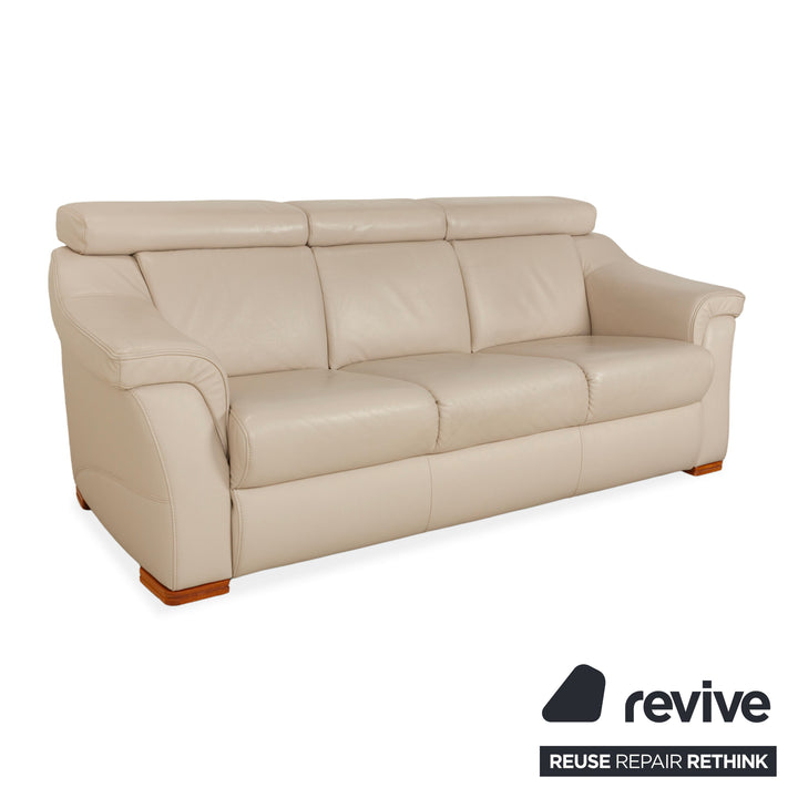 Himolla 1950 Leather Three-Seater Cream Sofa Couch Manual Function