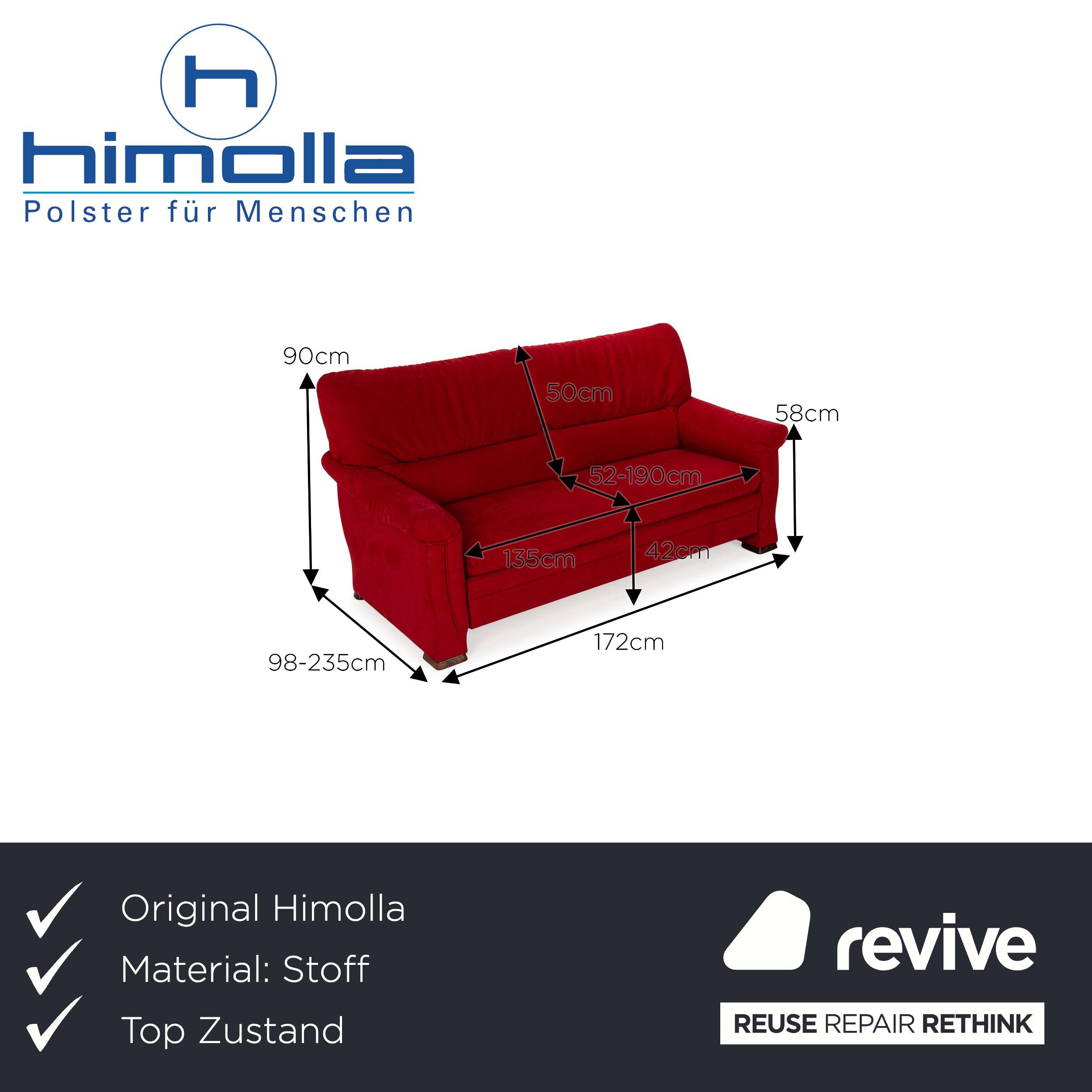 Himolla 2253 Fabric Two-Seater Red Manual Function Sofa Couch