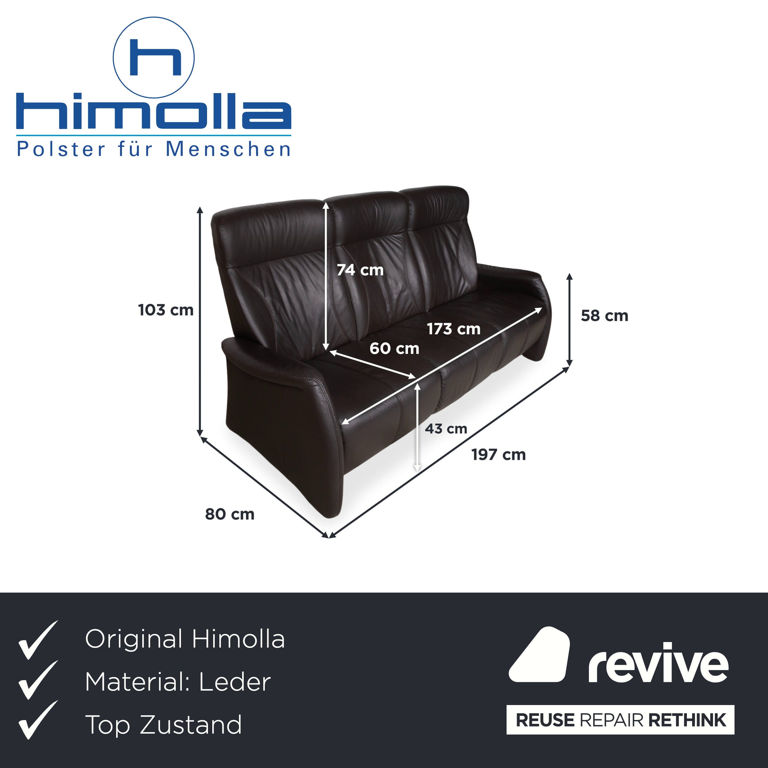 Himolla 4571 Leather Three-Seater Anthracite Grey Sofa Couch