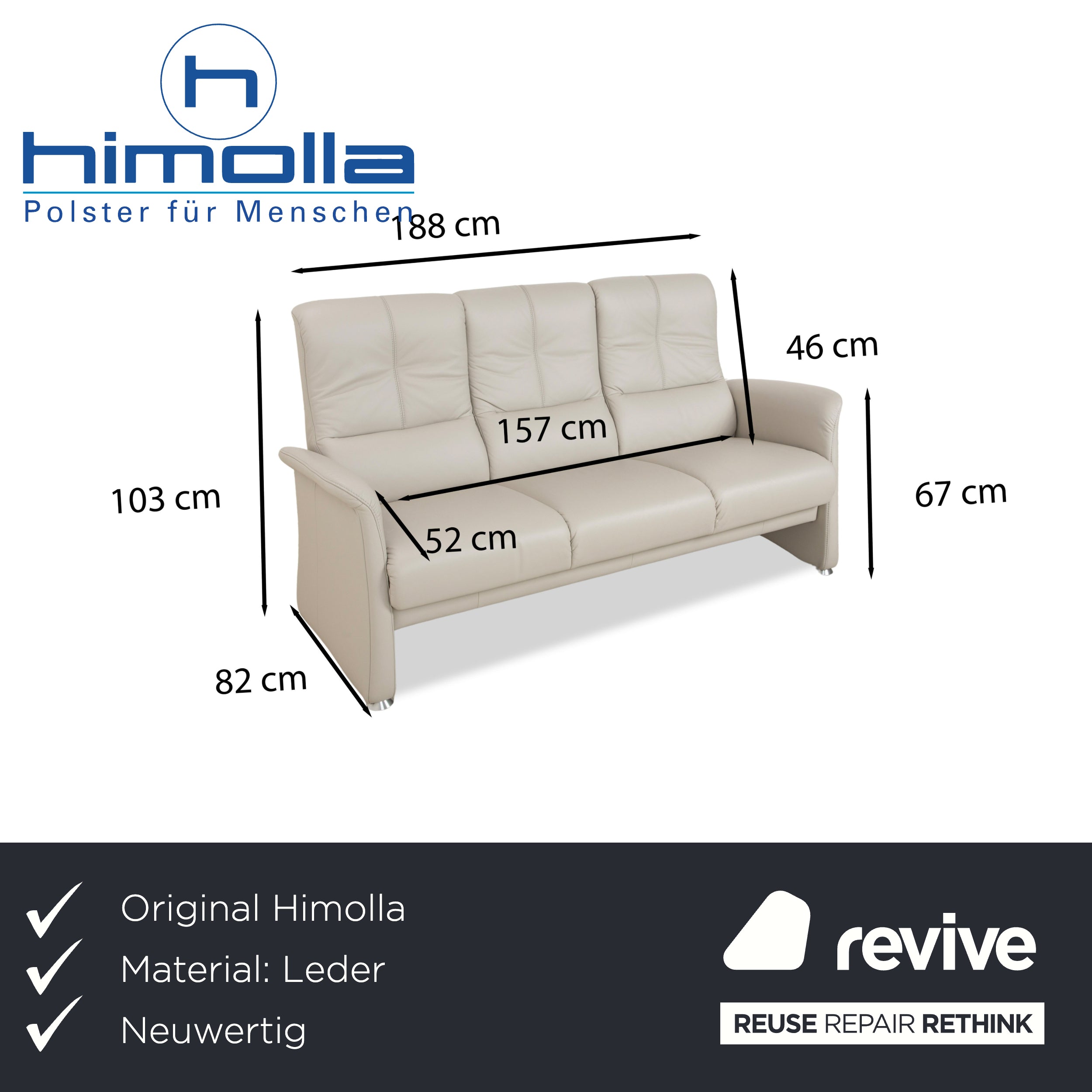 Himolla 6001 Leder Dreisitzer Grau manuelle Funktion Sofa Couch