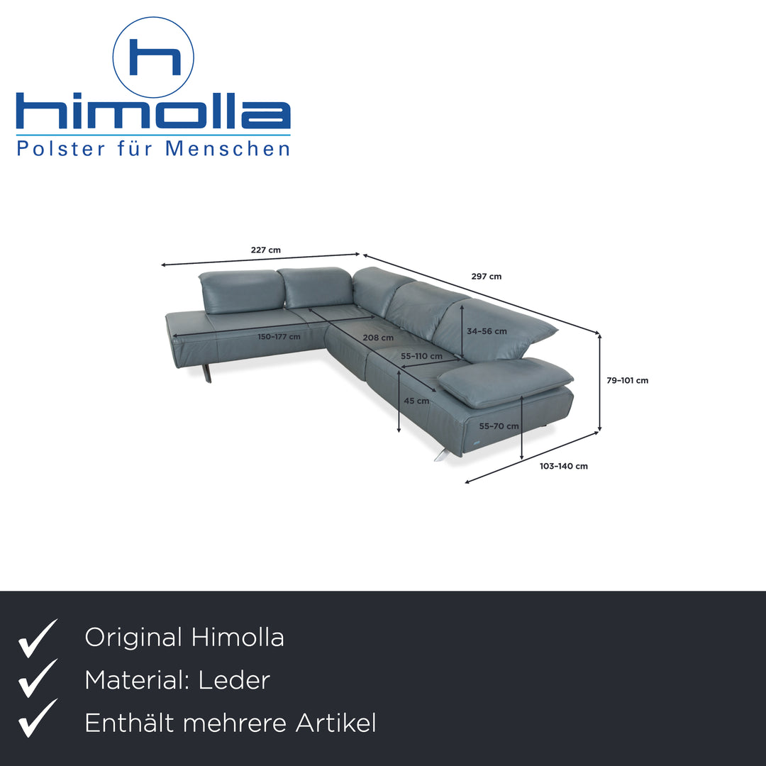 Canapé d'angle en cuir Himolla Biella avec pouf, bleu-gris pétrole, réglage manuel et électrique.