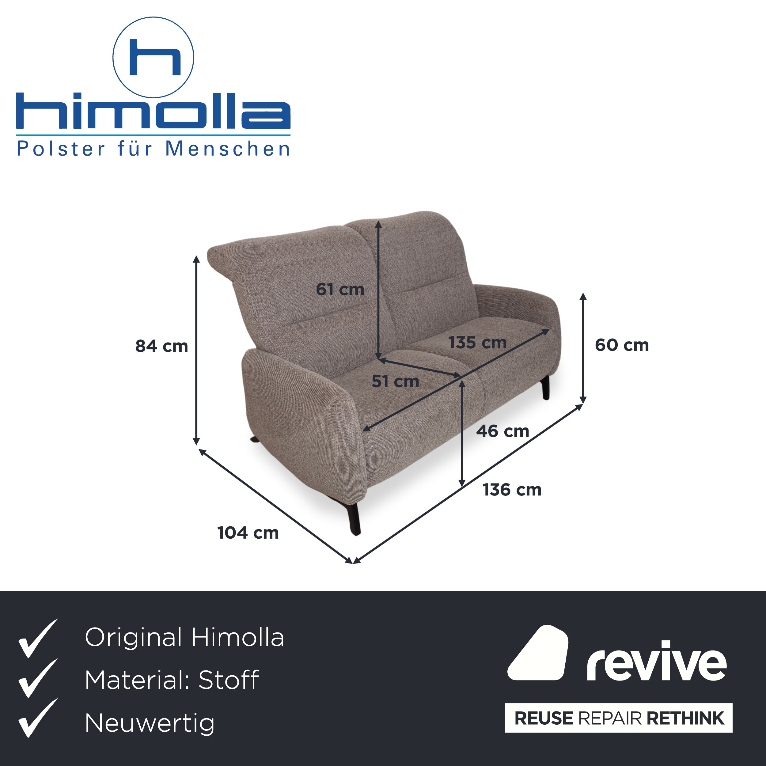 Himolla Cumuly 4711 Fabric Two-Seater Grey Taupe Sofa Couch Manual Function