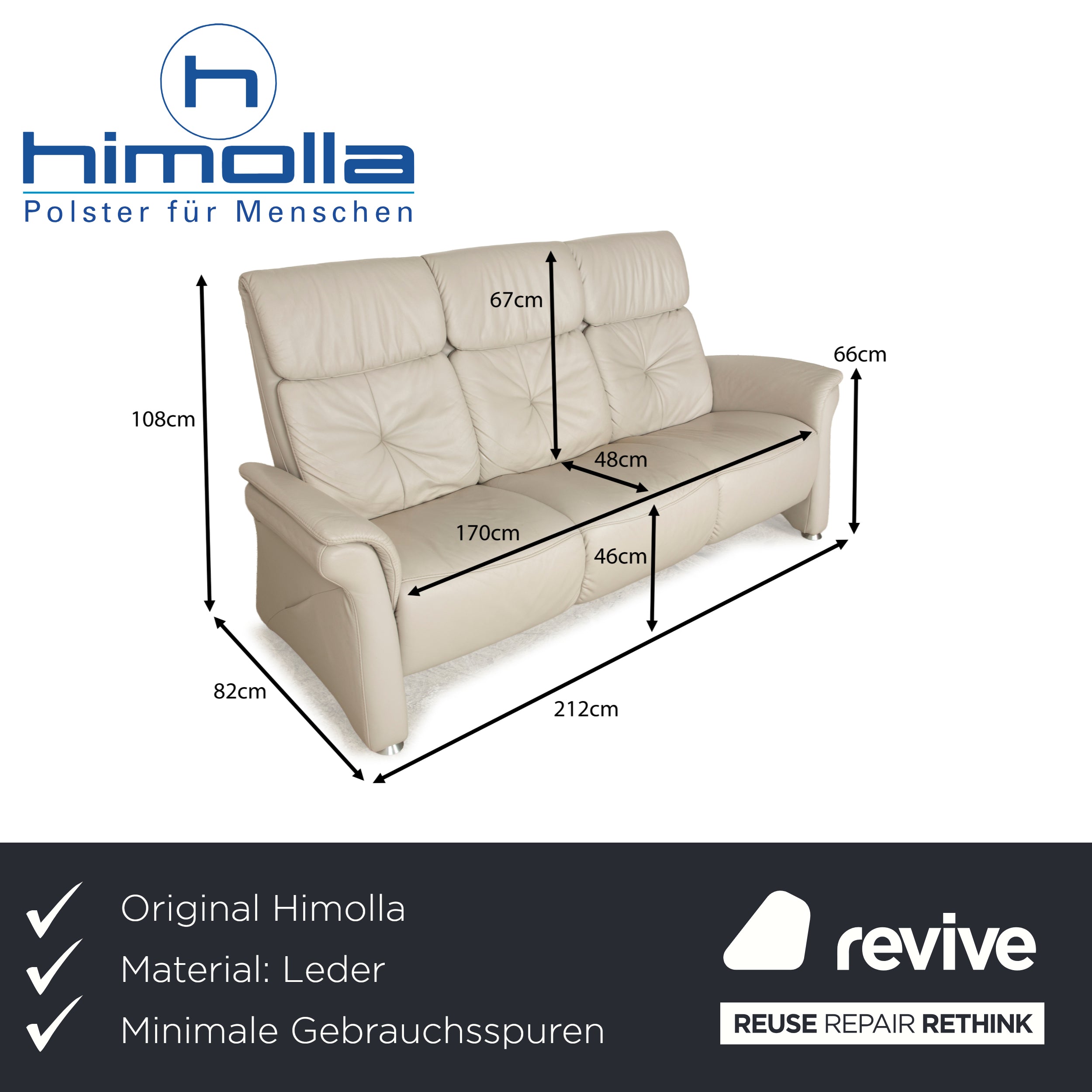 Himolla Cumuly Leather Three Seater Beige Light Gray Sofa Couch