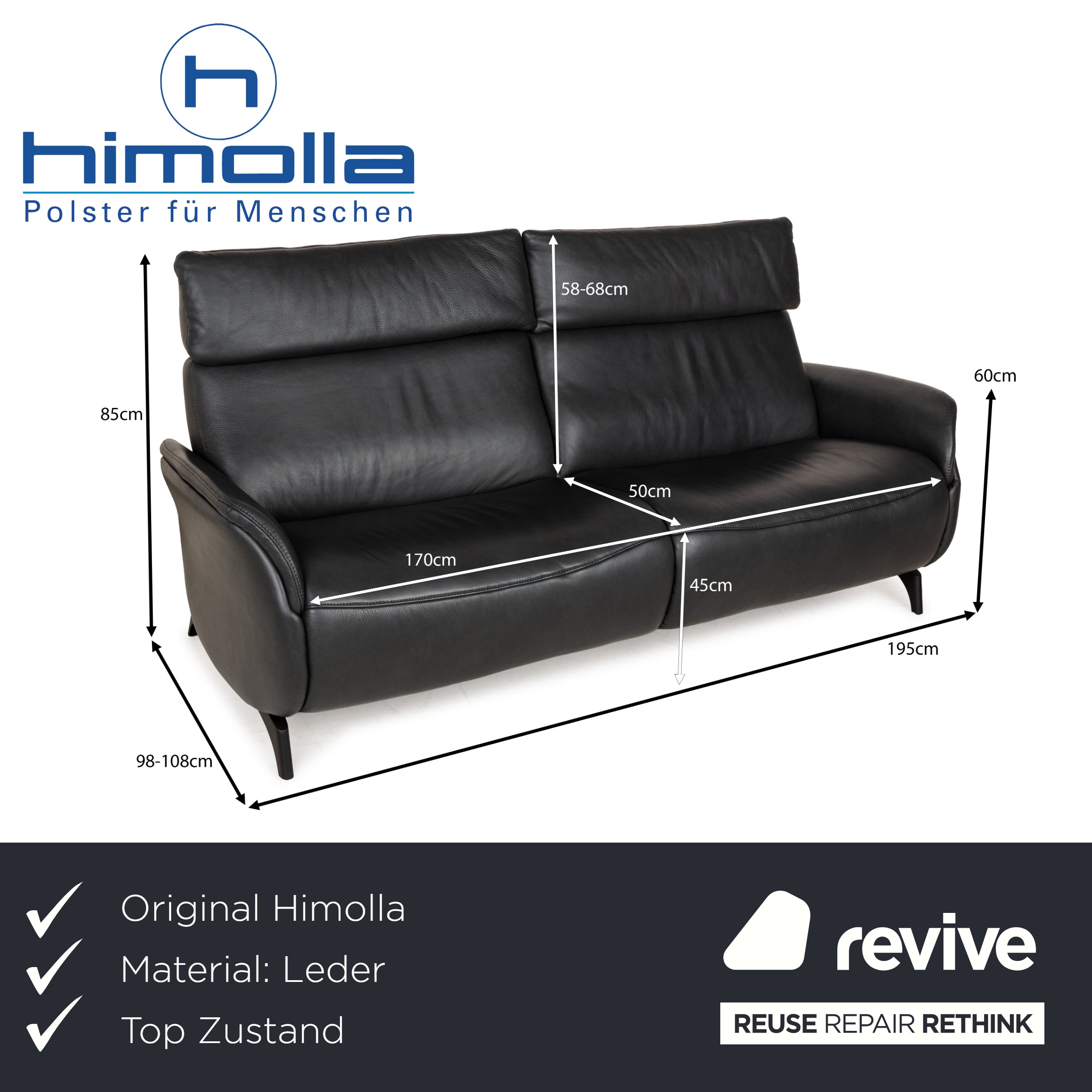 Himolla Cumuly Leather Three-Seater Grey Manual Function Sofa Couch