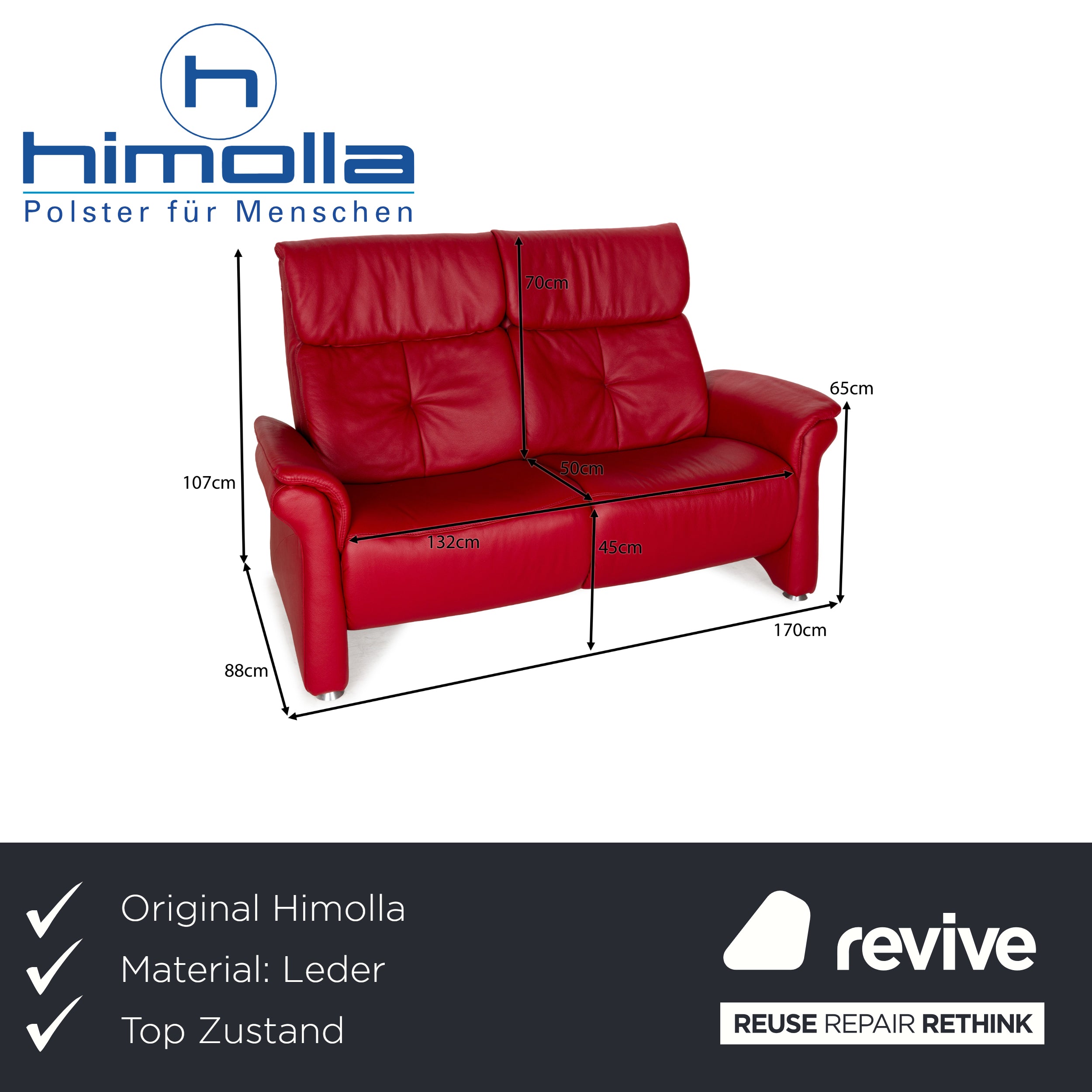 Himolla Cumuly Leather Three Seater Red Sofa Couch