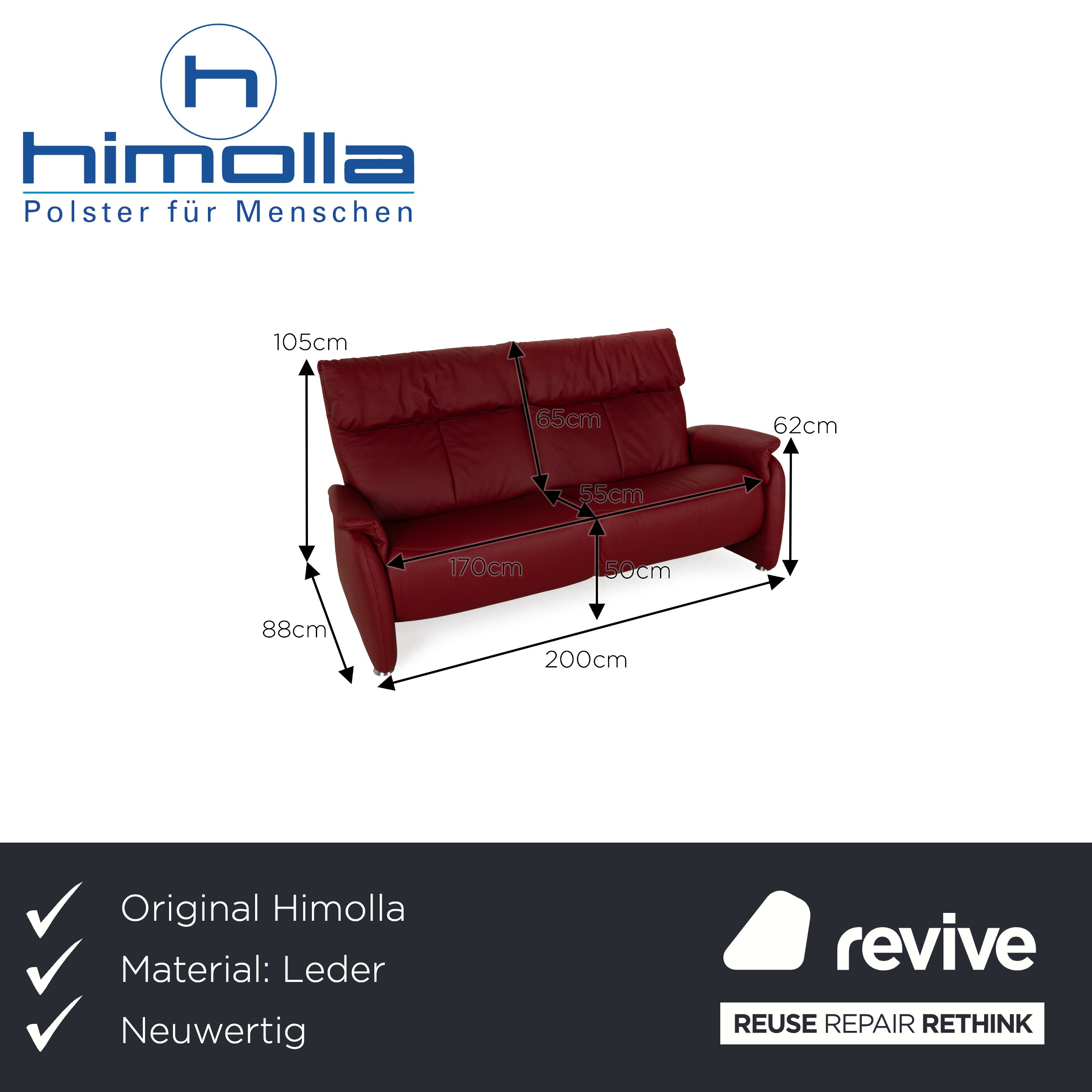 Himolla Cumuly Leather Three Seater Red Sofa Couch