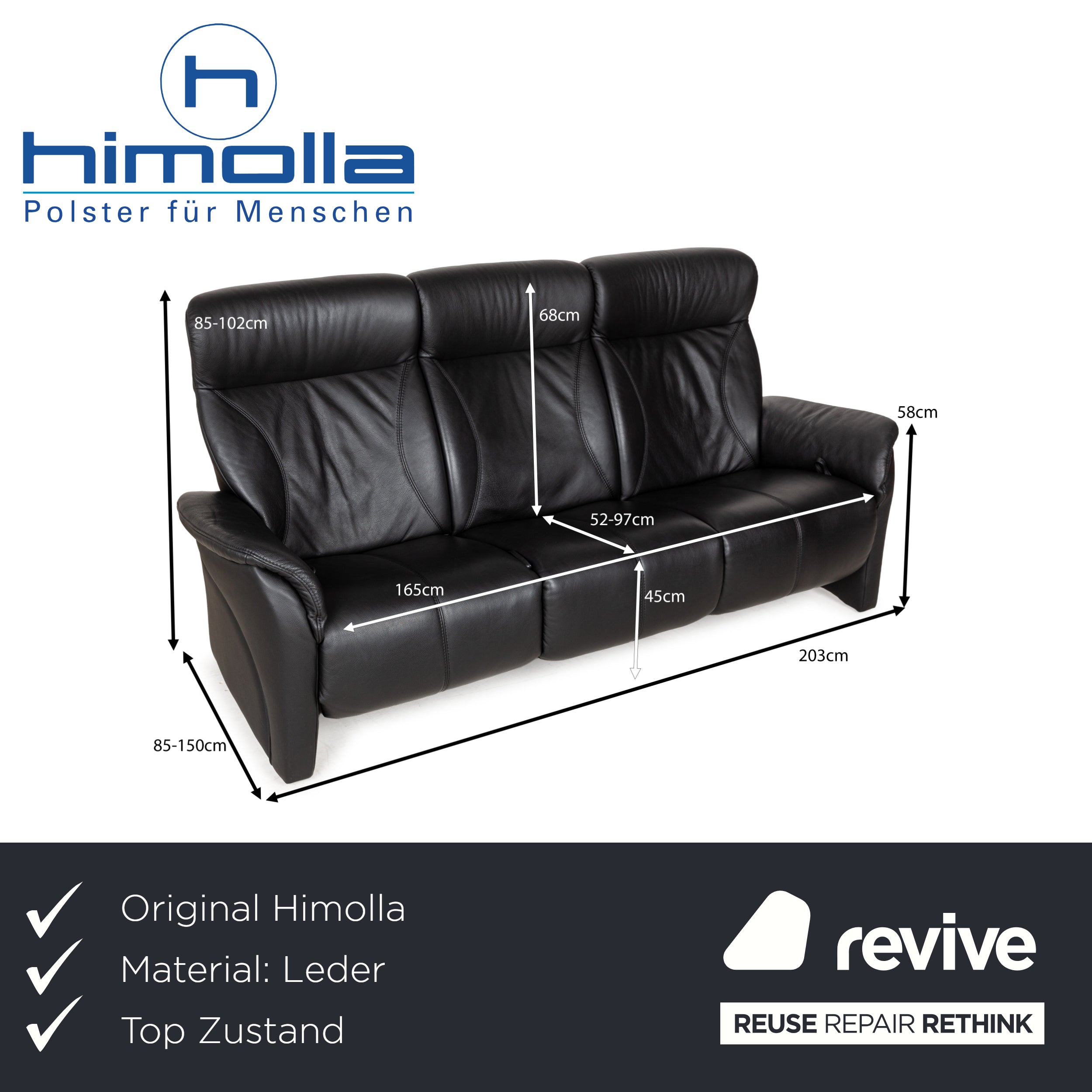 Himolla Cumuly Leather Three-Seater Black Manual Function Sofa Couch