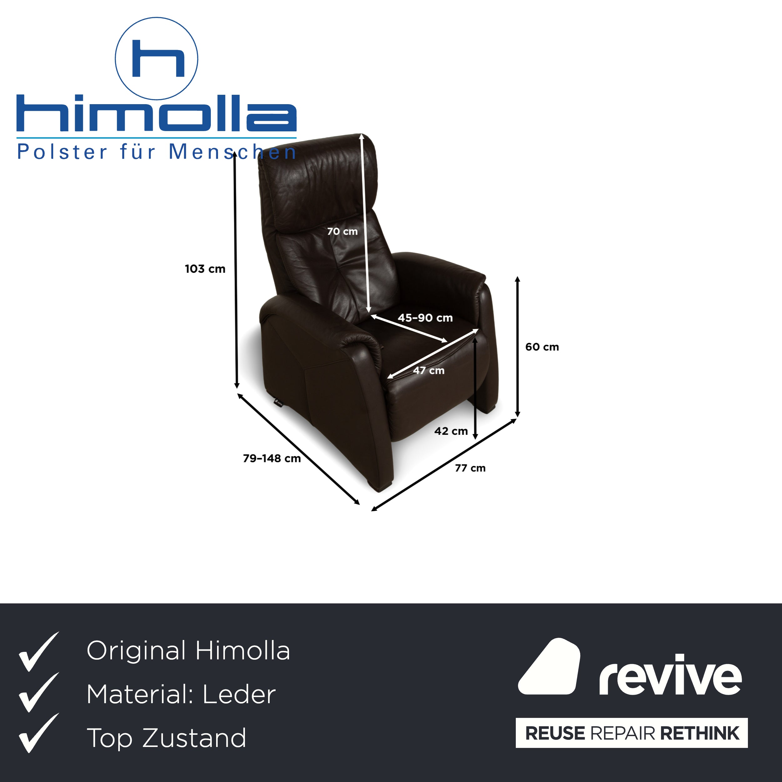 Fauteuil en cuir Himolla Cumuly marron foncé fonction manuelle fonction inclinable