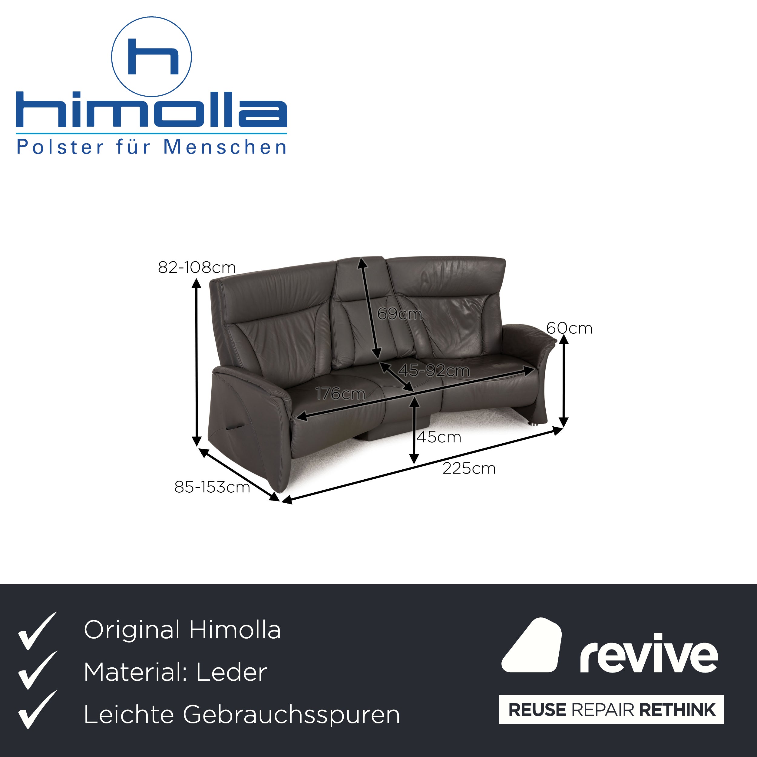 Himolla Cumuly Leather Sofa Gray Three Seater Couch