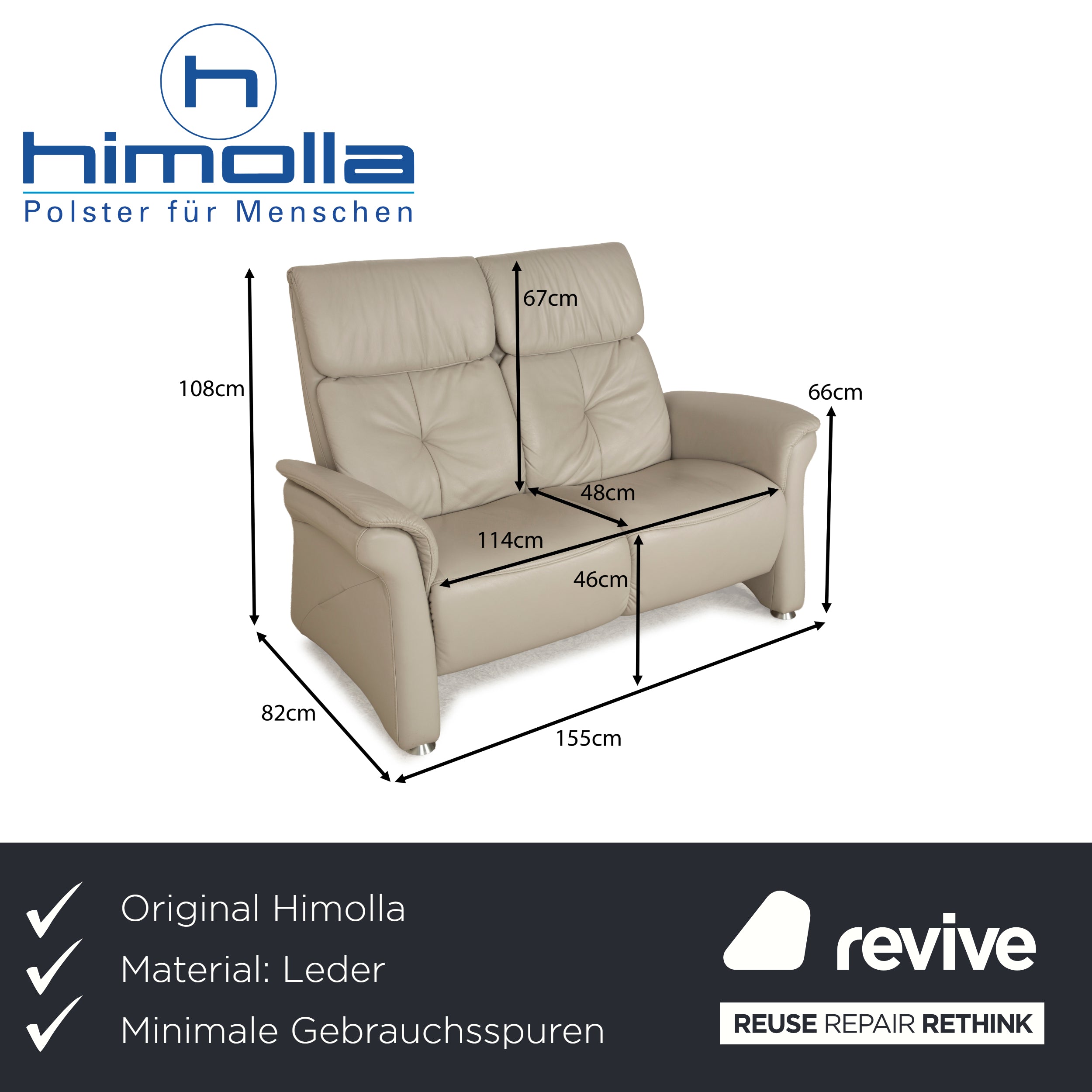 Himolla Cumuly Leather Two-Seater Beige Light Grey Sofa Couch