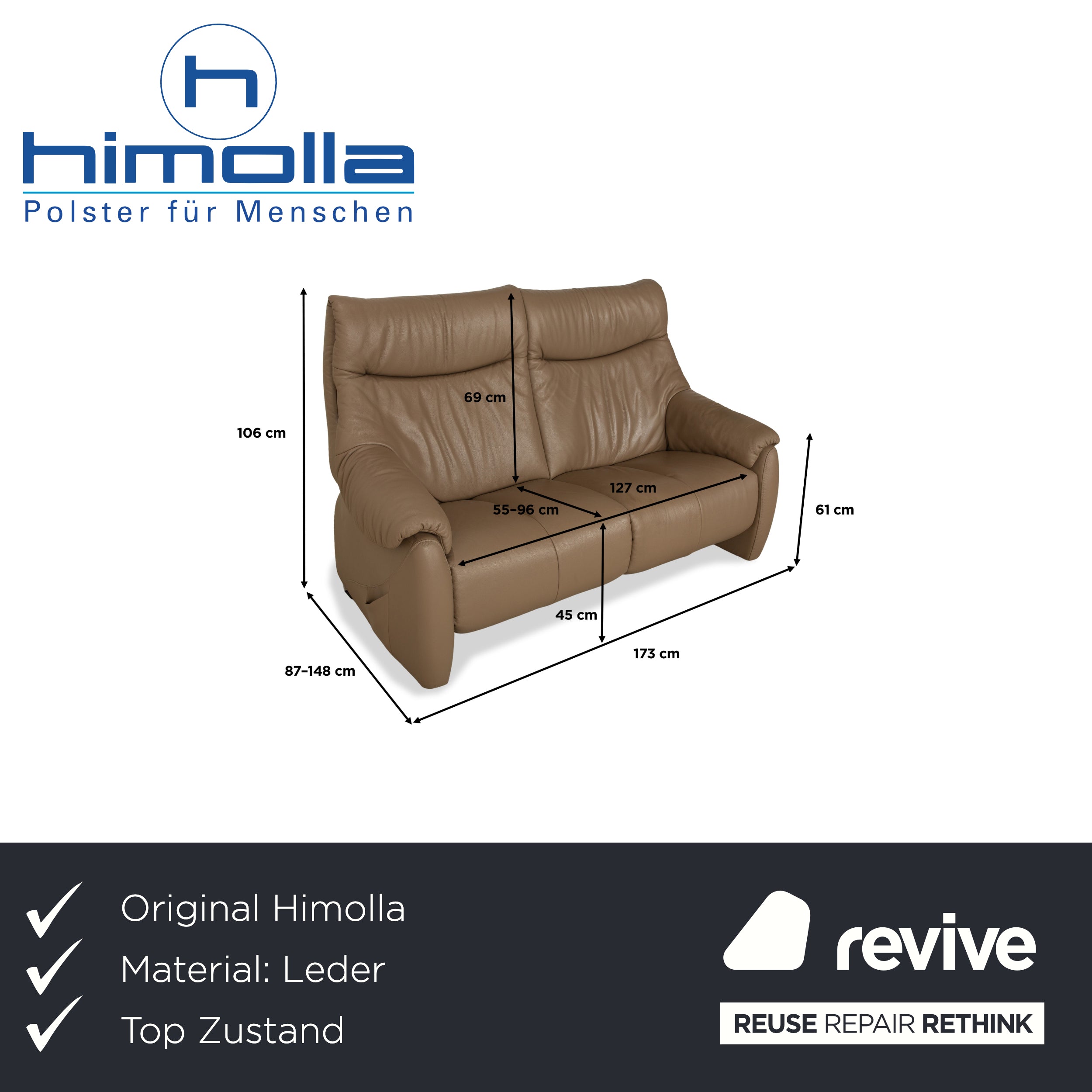 Himolla Cumuly Leather Two-Seater Brown Olive Electric Function Sofa Couch