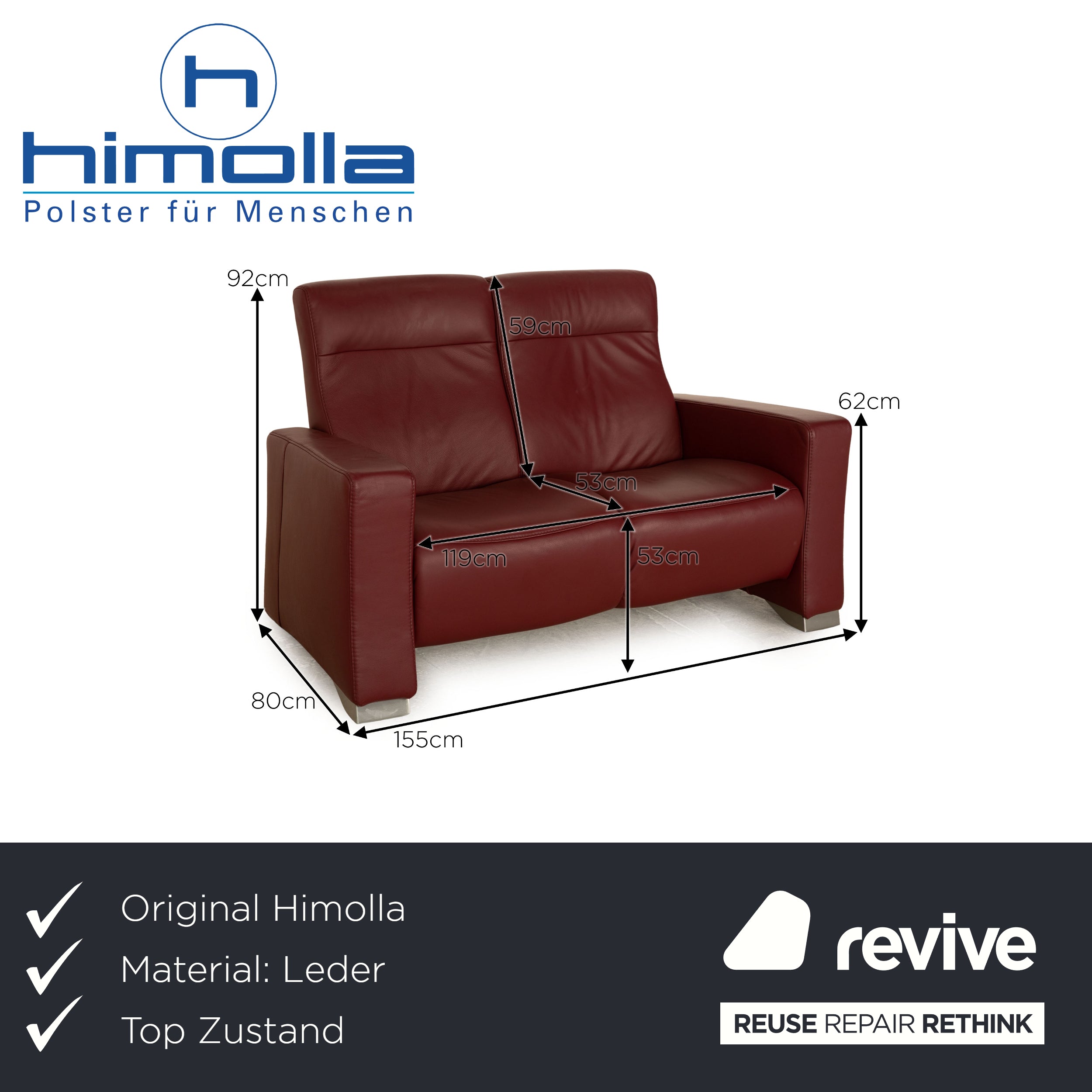Himolla Cumuly Leder Zweisitzer Rot Weinrot Sofa Couch