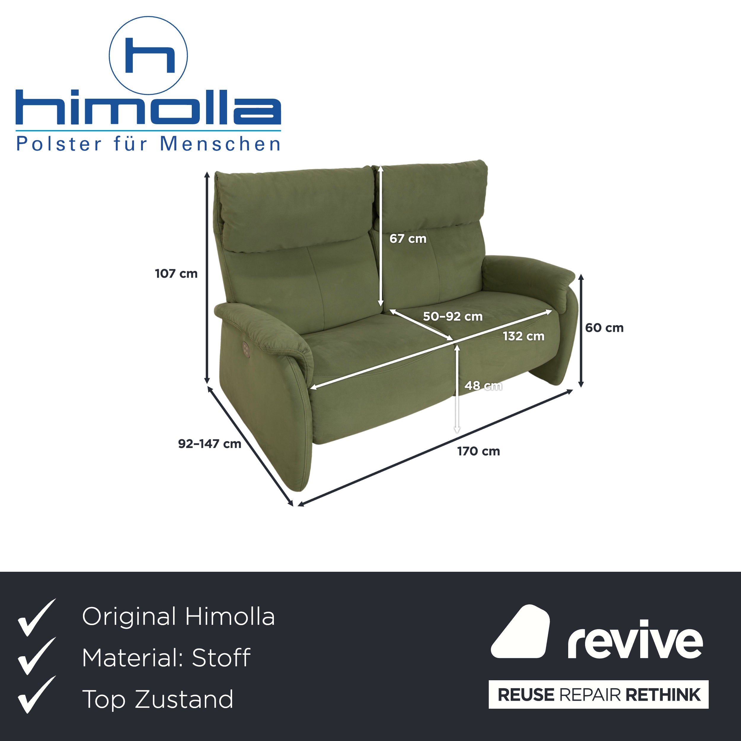 Himolla Cumuly fabric two-seater green olive electric function sofa couch