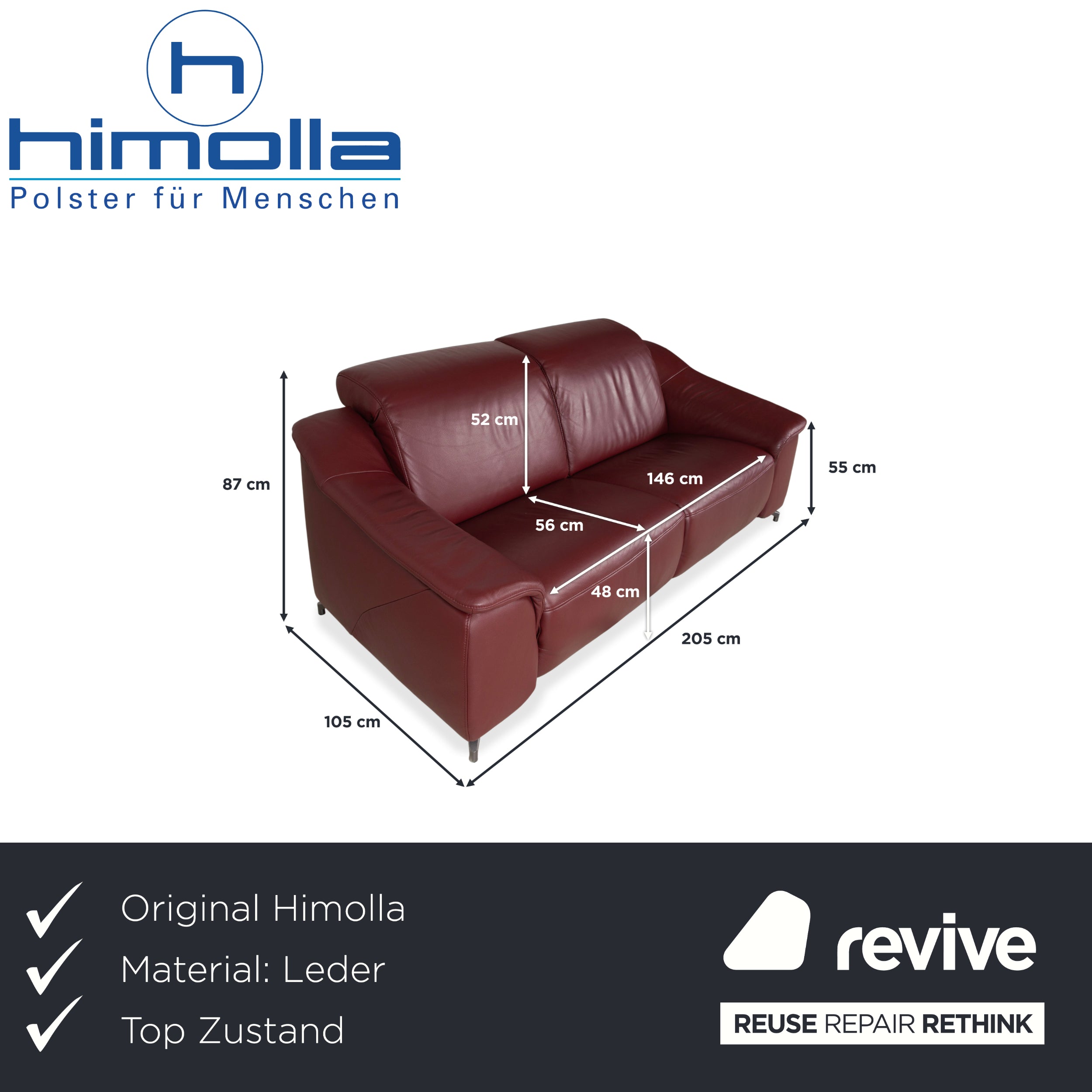 Himolla Dreisitzer Leder Sofa Rot Weinrot manuelle Funktion Couch