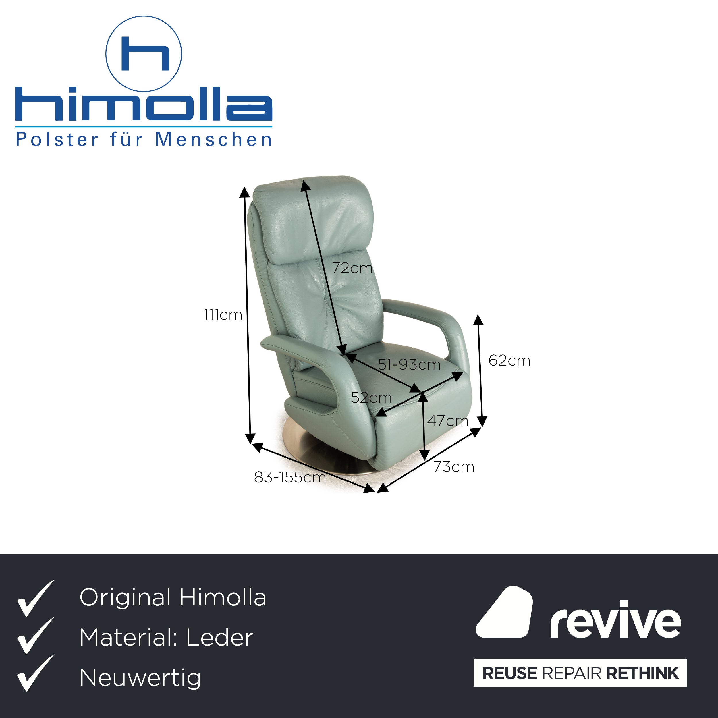 Fauteuil en cuir Himolla Easyswing Bleu Gris Turquoise fonction manuelle