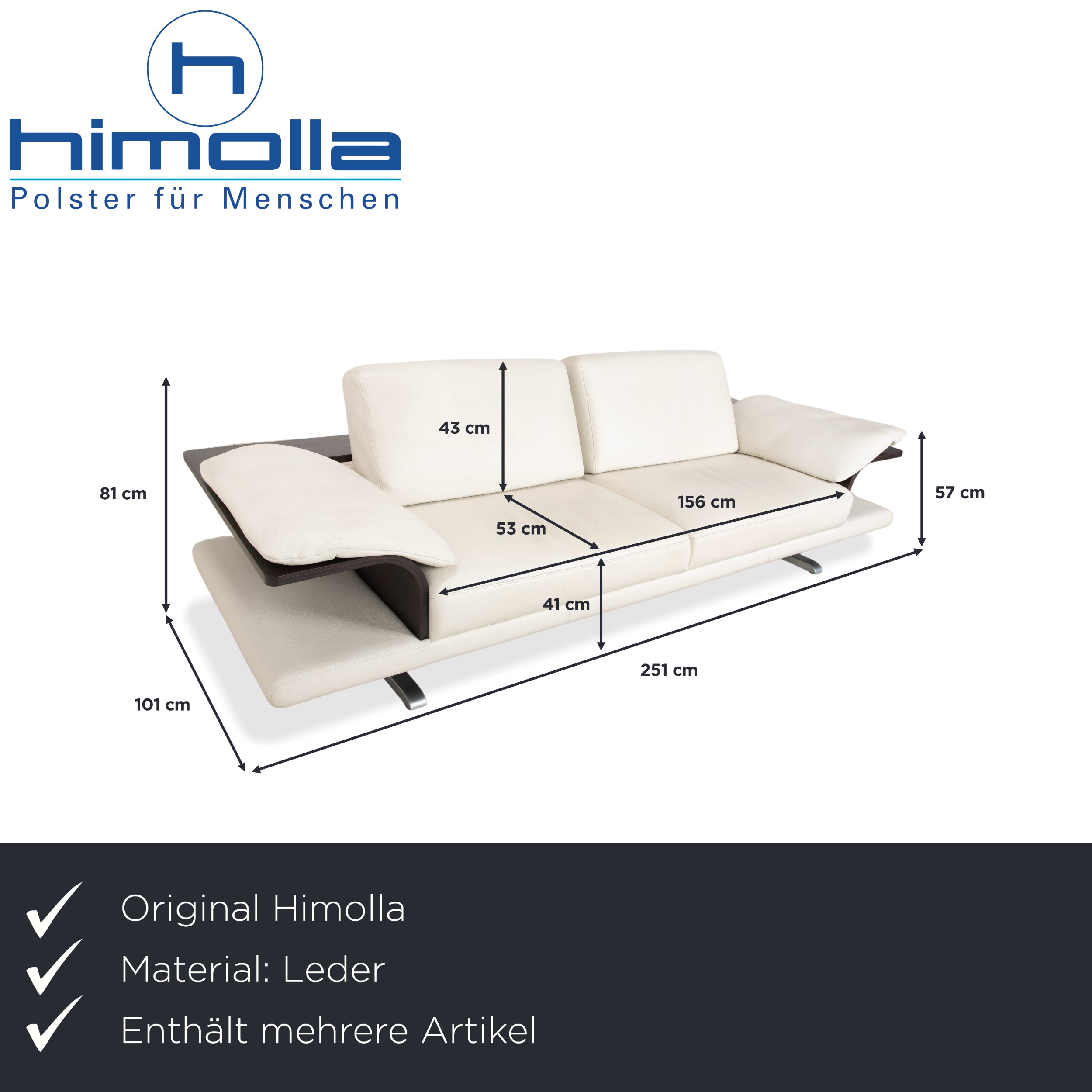 Himolla Leder 2x Dreisitzer Creme Weiß Holz Sofa Couch