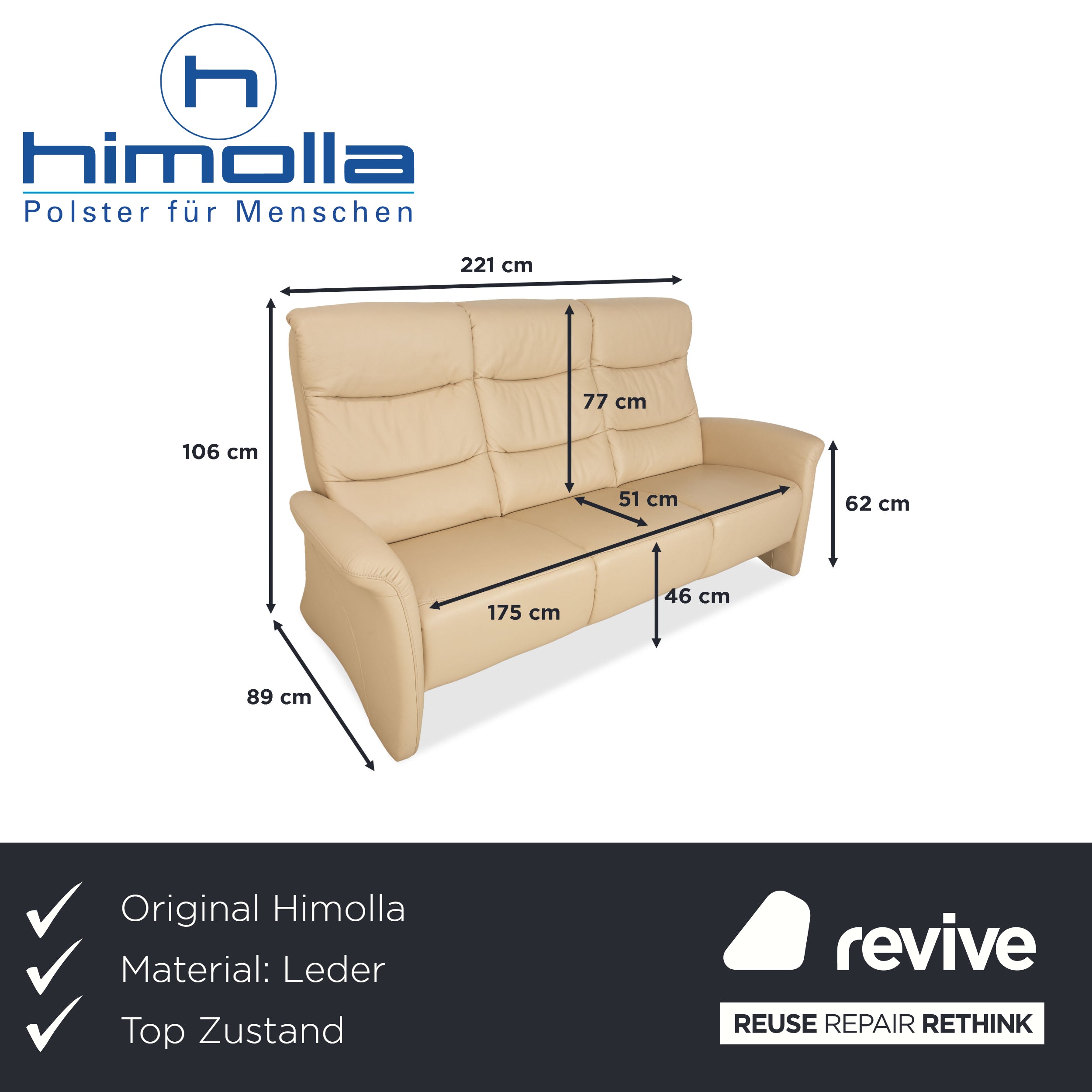 Canapé trois places en cuir Himolla beige crème