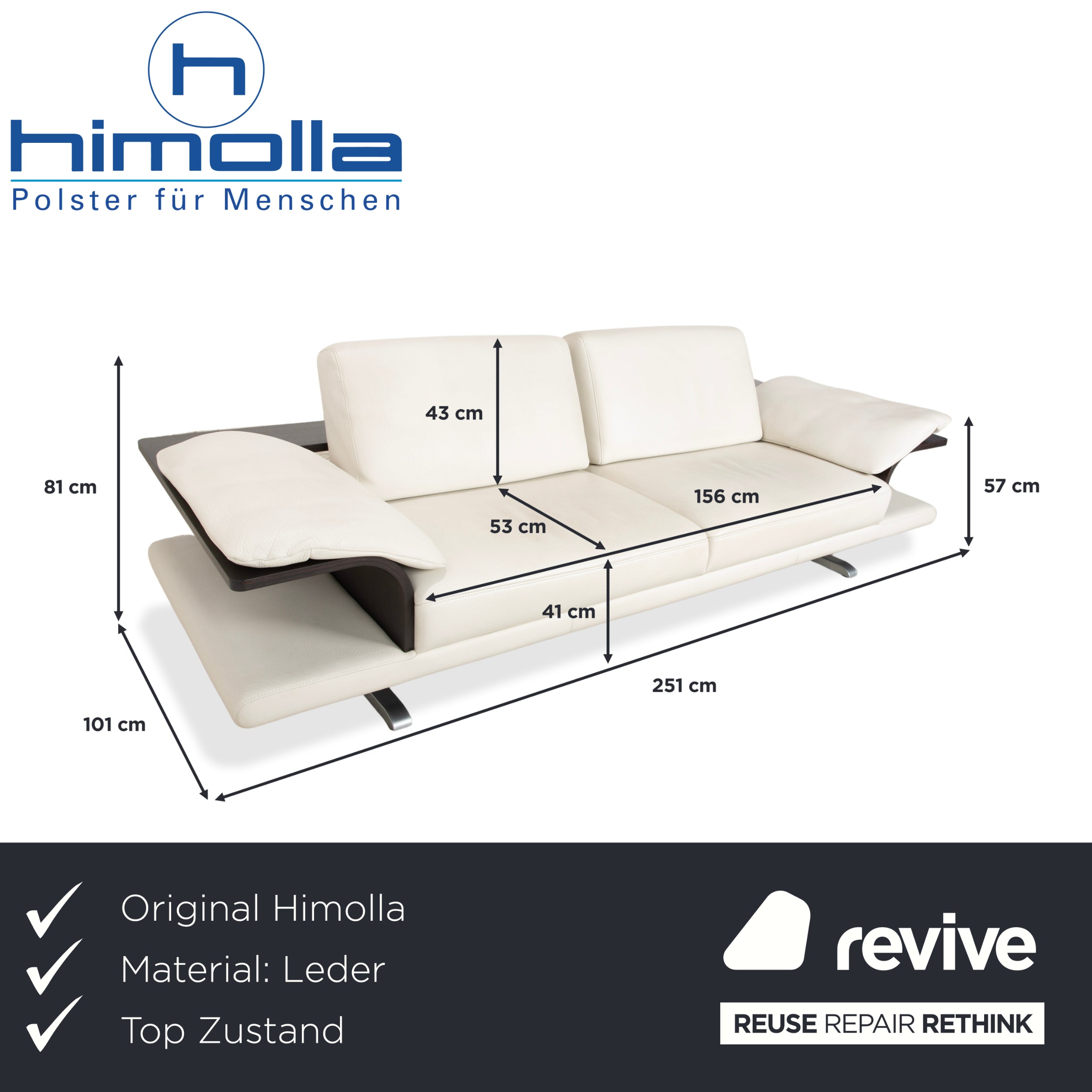 Himolla Leather Three-Seater Cream White Wood Sofa Couch