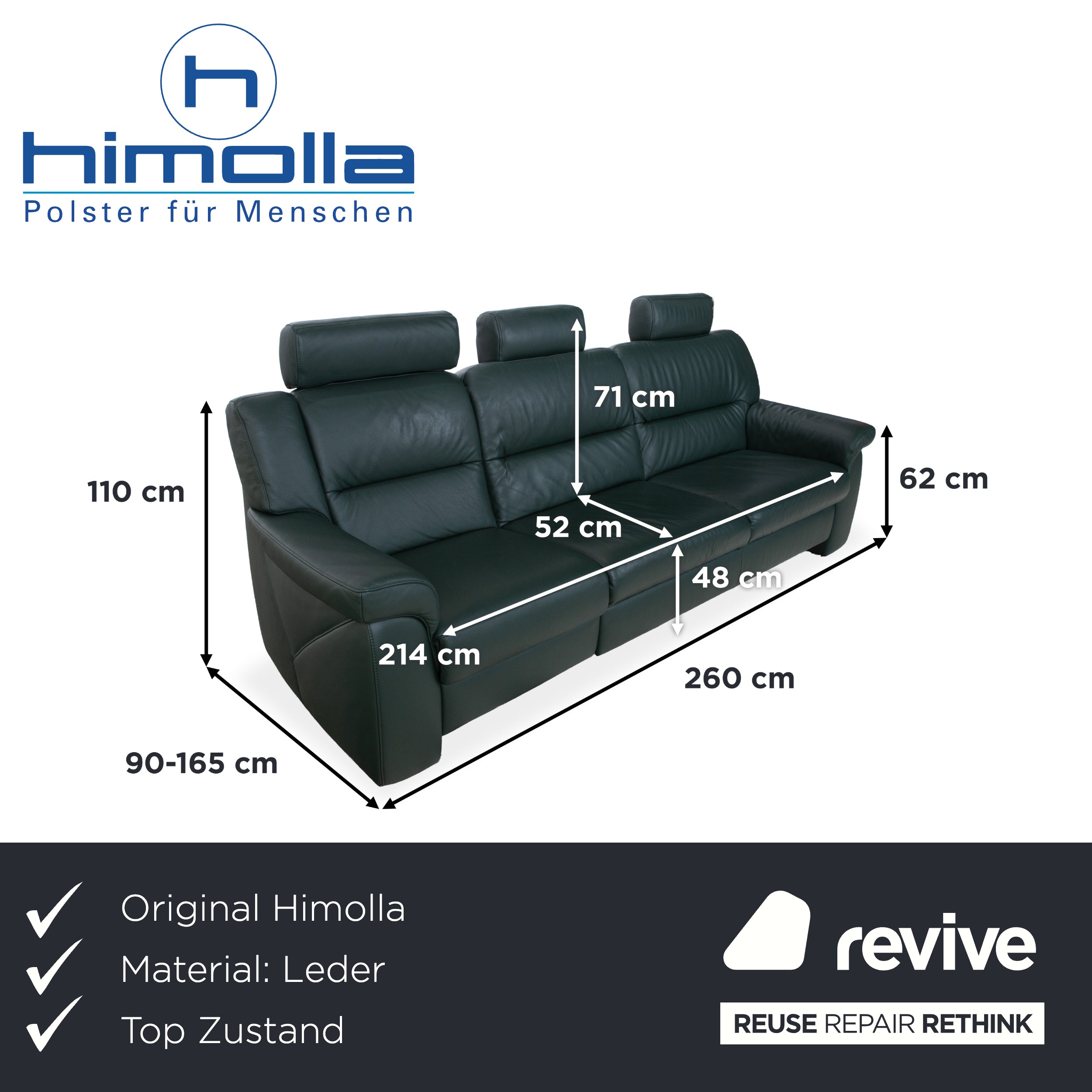 Himolla lædersofa trepersoners grøn sofa