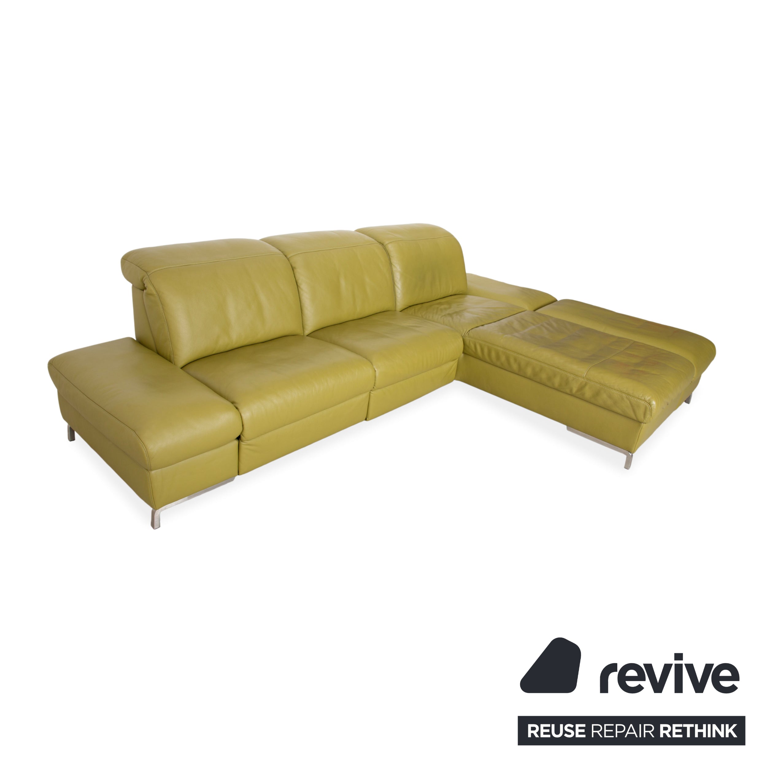 Canapé d'angle en cuir Himolla vert, jaune et vert olive, avec fonctions électriques et manuelles.