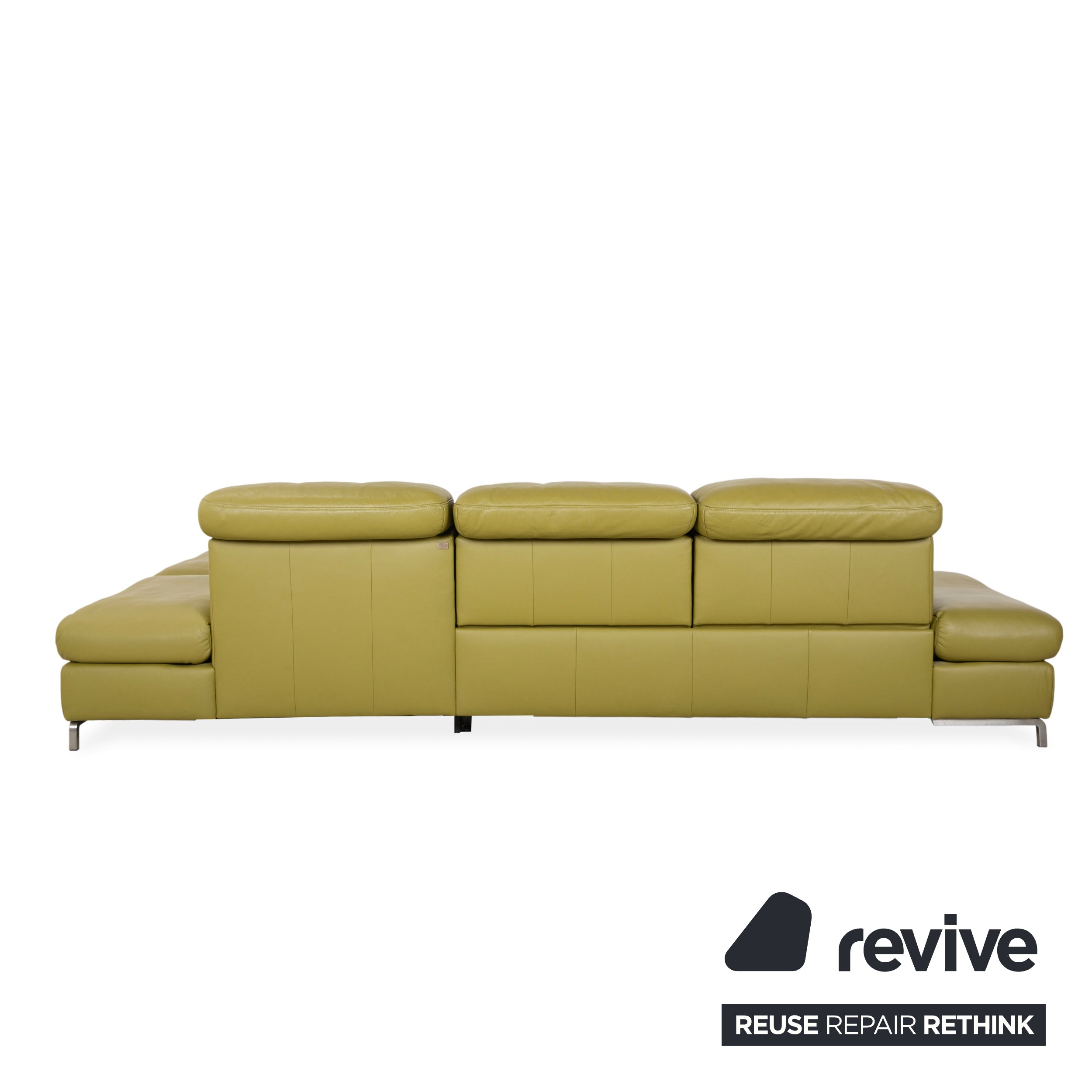 Canapé d'angle en cuir Himolla vert, jaune et vert olive, avec fonctions électriques et manuelles.