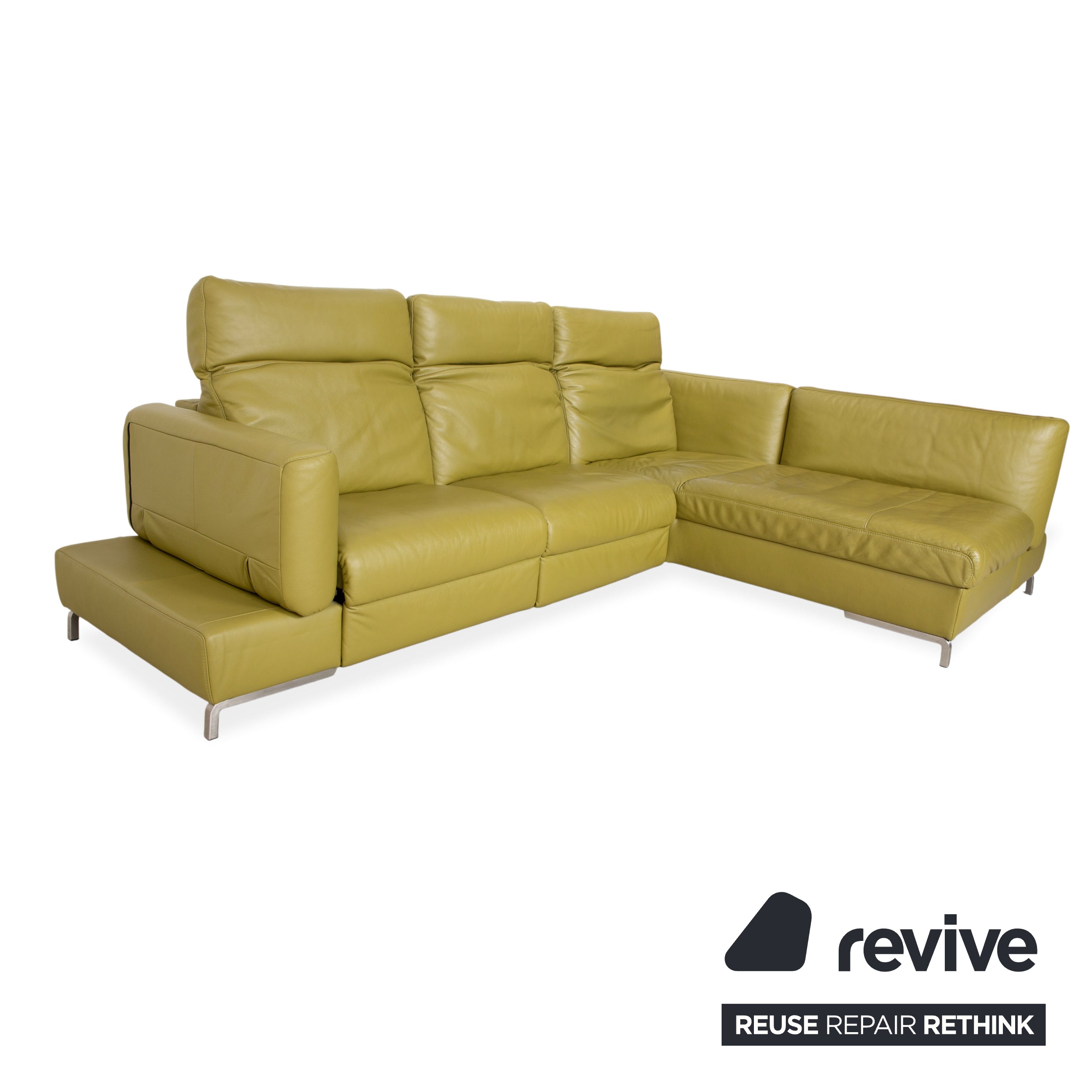Canapé d'angle en cuir Himolla vert, jaune et vert olive, avec fonctions électriques et manuelles.