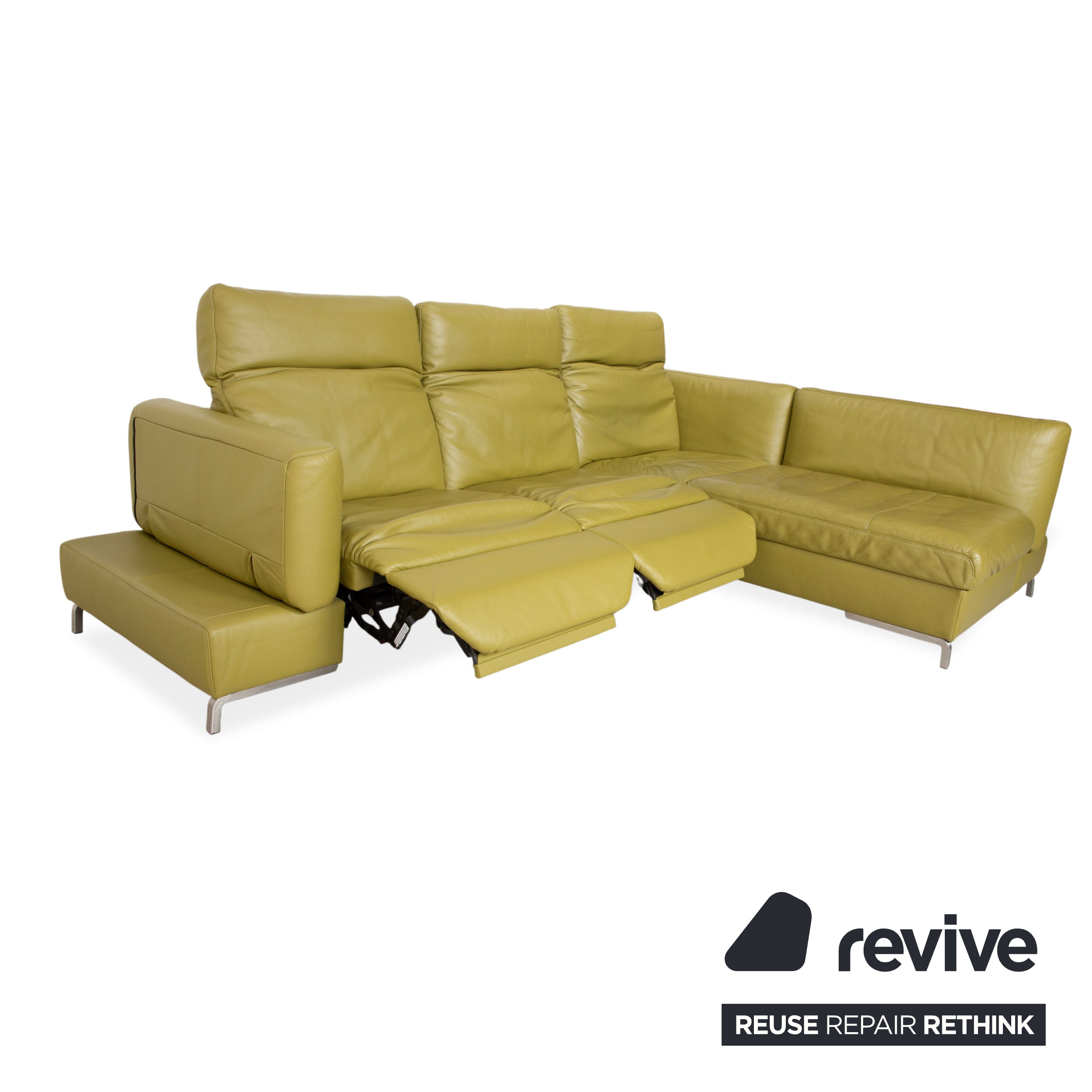 Canapé d'angle en cuir Himolla vert, jaune et vert olive, avec fonctions électriques et manuelles.