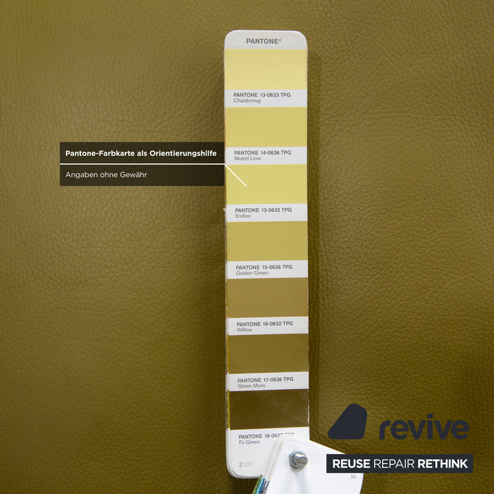 Canapé d'angle en cuir Himolla vert, jaune et vert olive, avec fonctions électriques et manuelles.