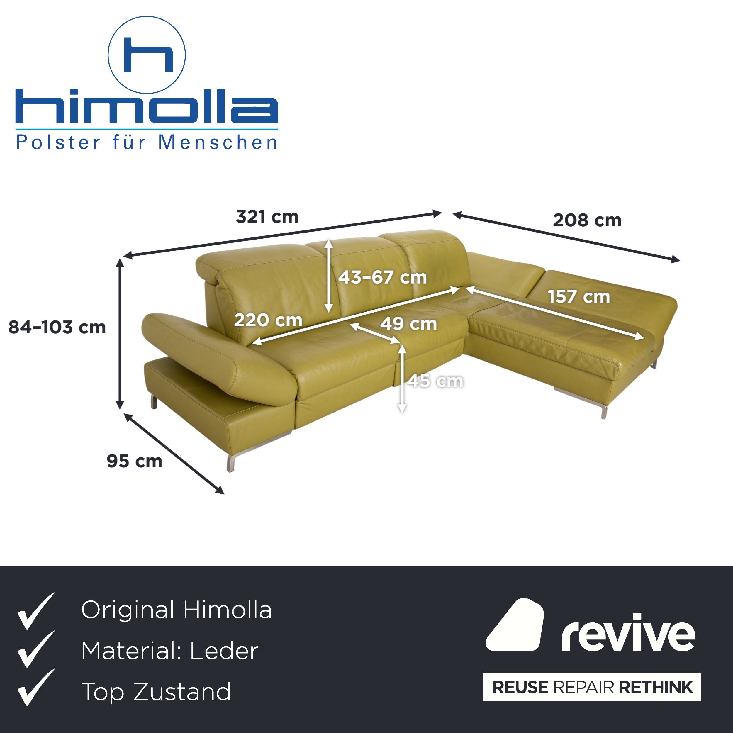 Canapé d'angle en cuir Himolla vert, jaune et vert olive, avec fonctions électriques et manuelles.