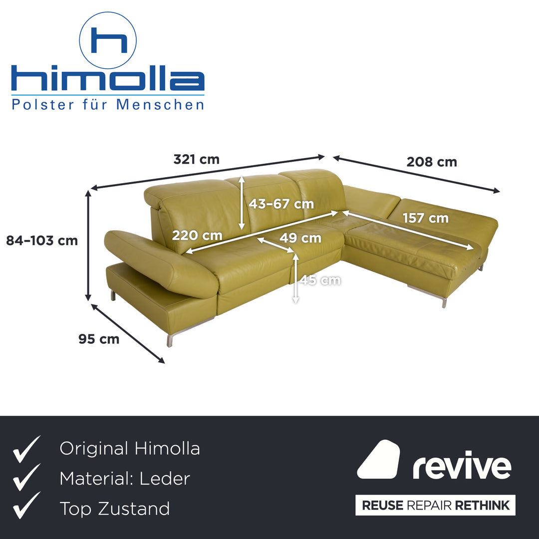 Canapé d'angle en cuir Himolla vert, jaune et vert olive, avec fonctions électriques et manuelles.