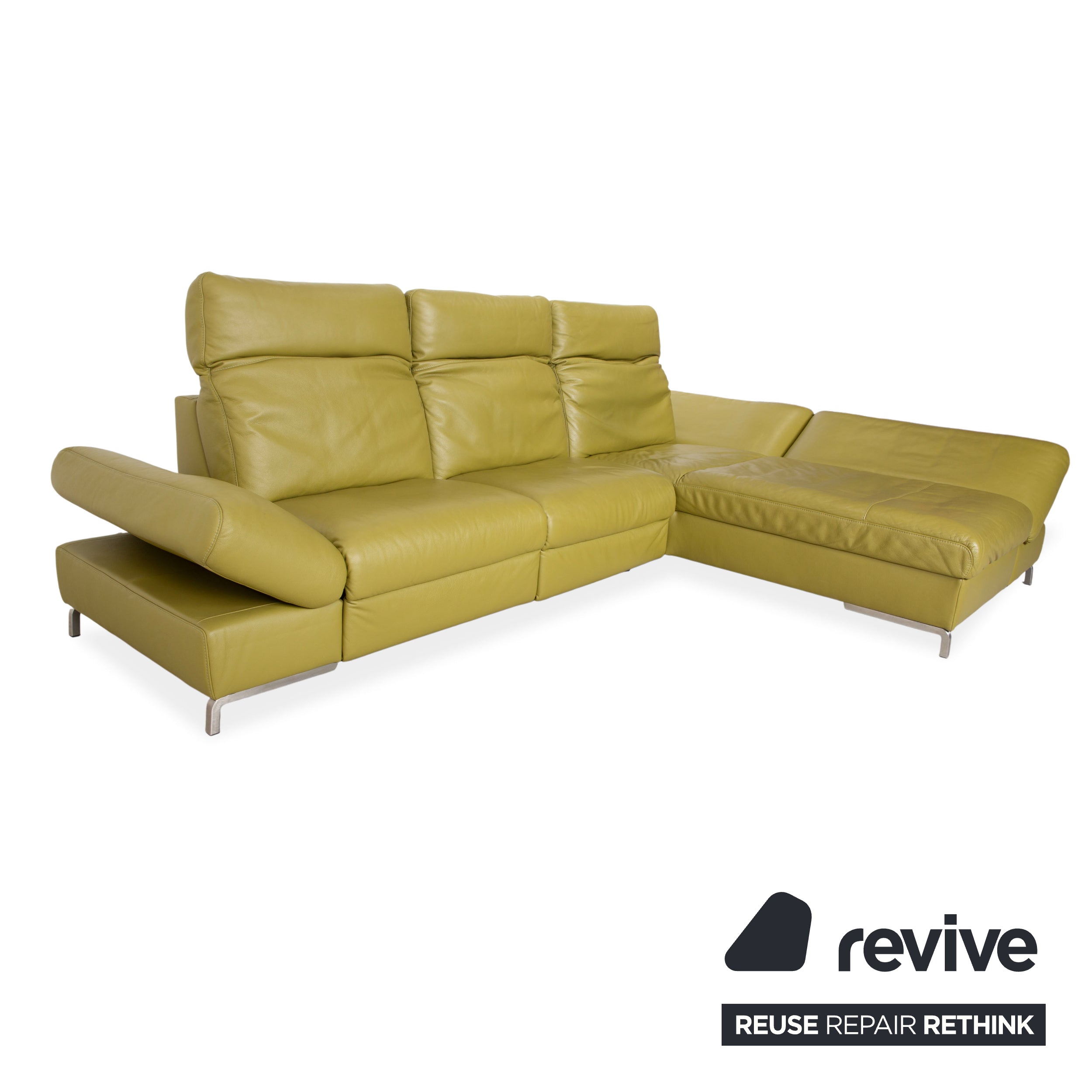 Canapé d'angle en cuir Himolla vert, jaune et vert olive, avec fonctions électriques et manuelles.