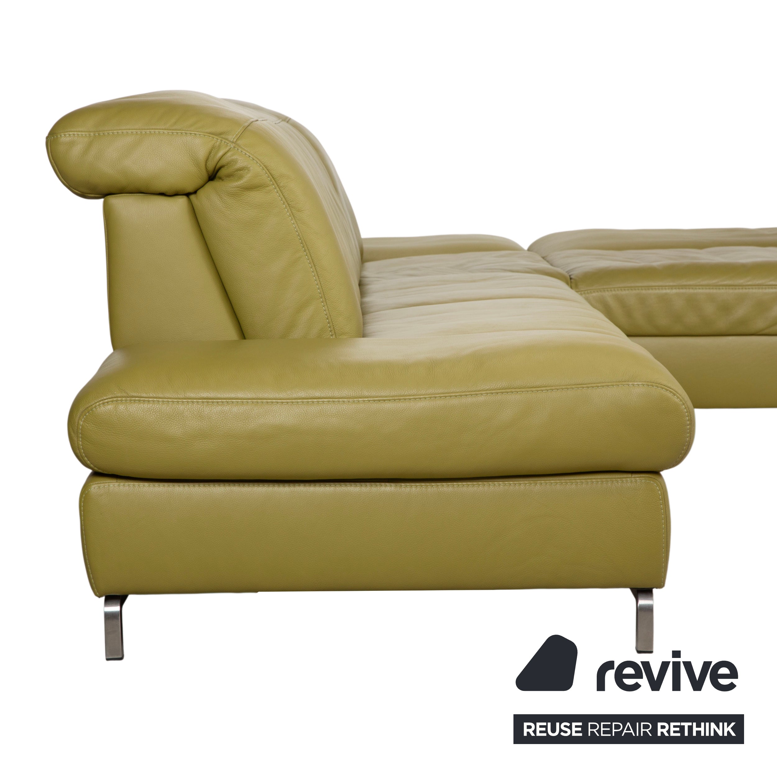 Canapé d'angle en cuir Himolla vert, jaune et vert olive, avec fonctions électriques et manuelles.