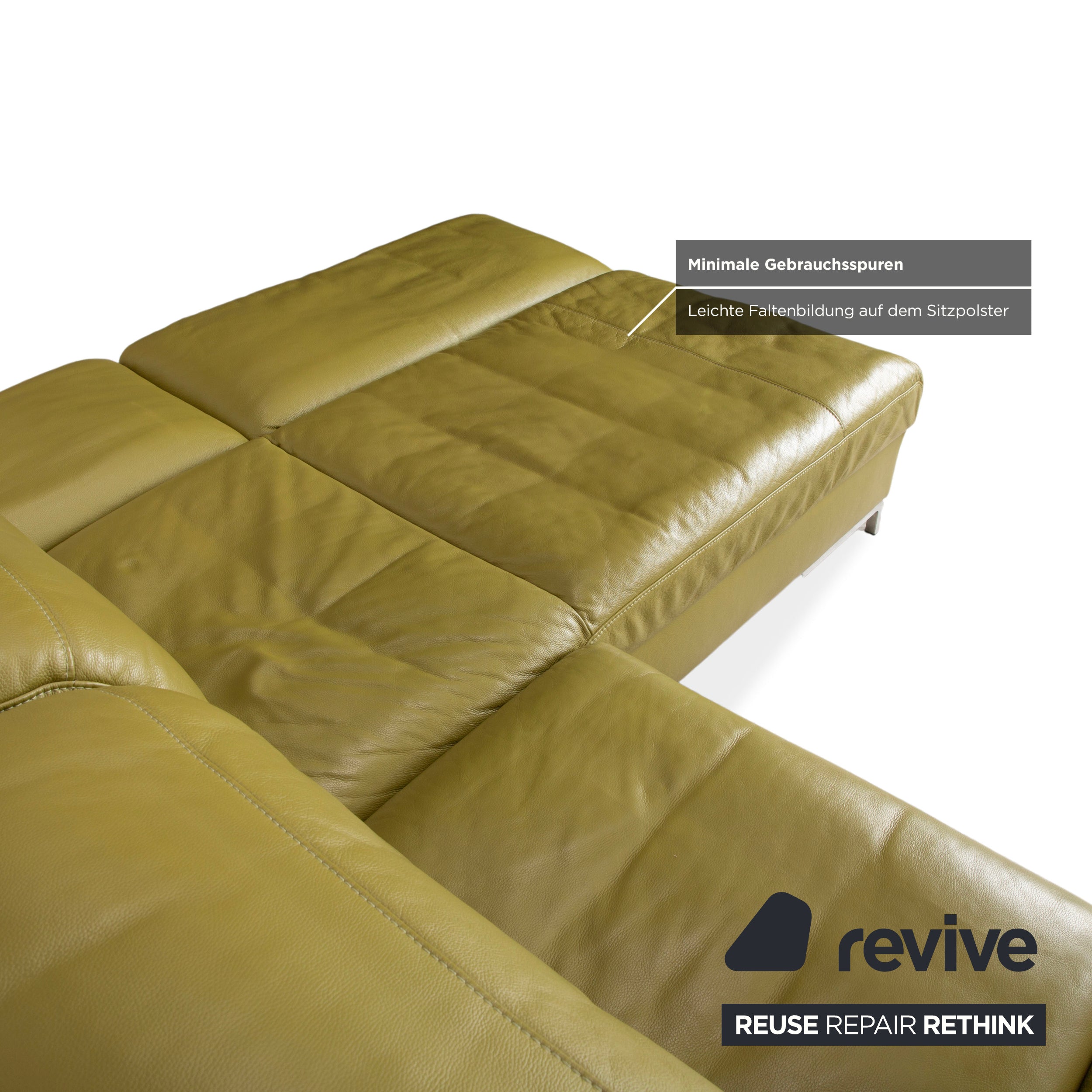 Canapé d'angle en cuir Himolla vert, jaune et vert olive, avec fonctions électriques et manuelles.