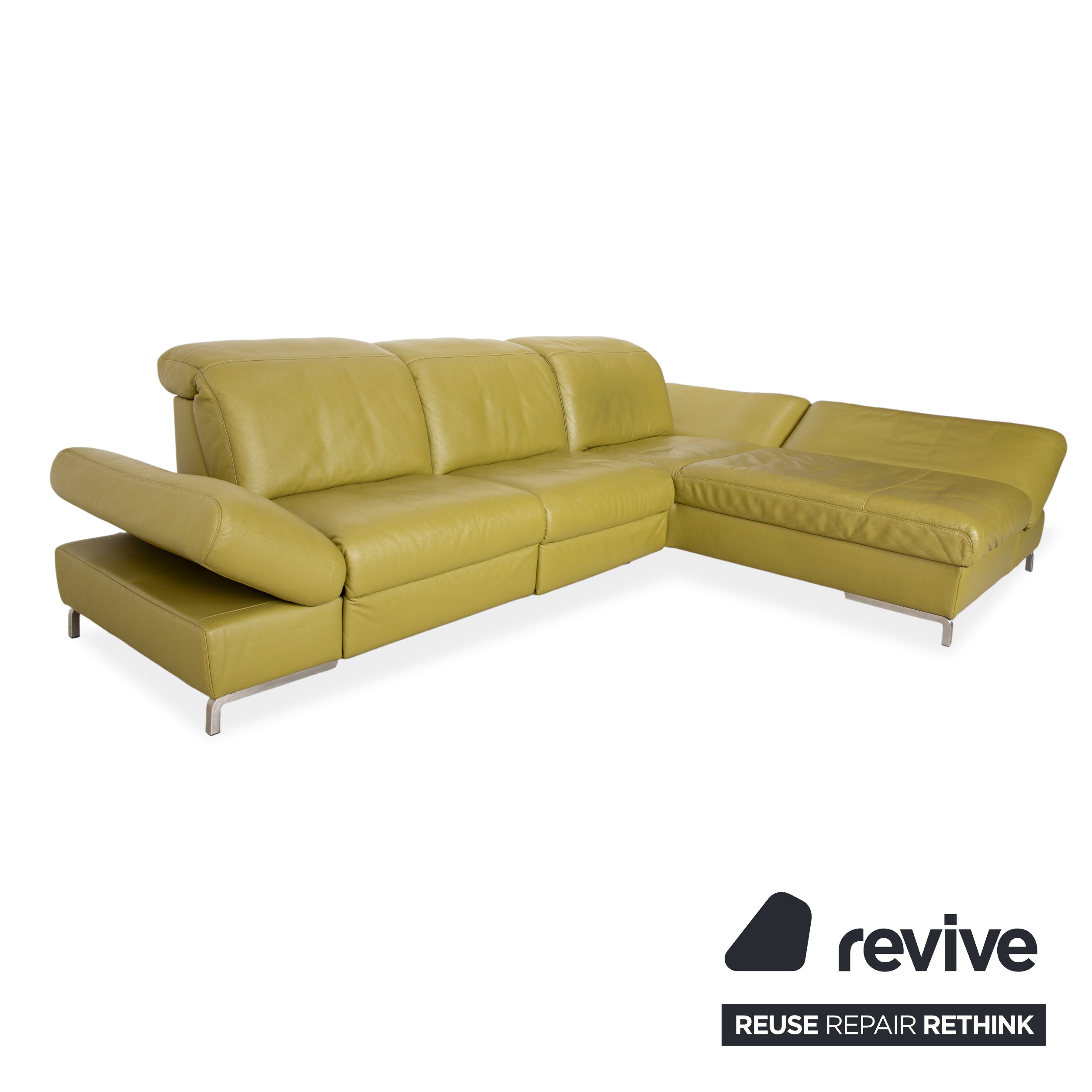 Canapé d'angle en cuir Himolla vert, jaune et vert olive, avec fonctions électriques et manuelles.