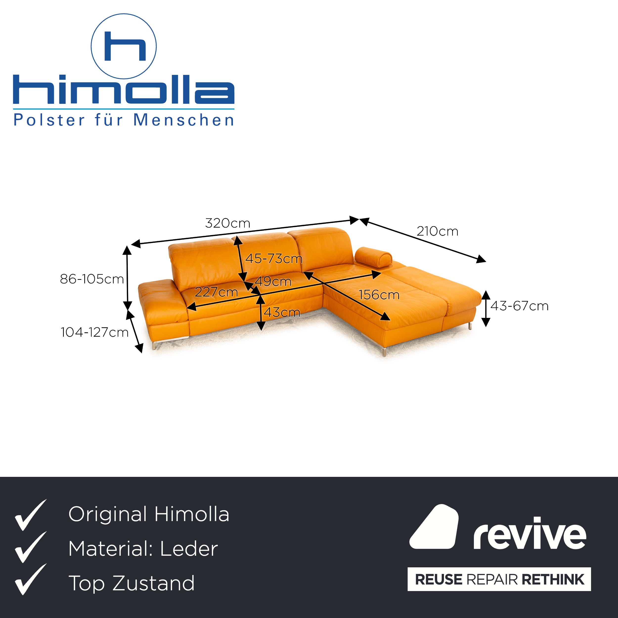 Himolla Canapé D'angle En Cuir Orange Abricot Fonction Électrique Récamiere Canapé Droit Canapé