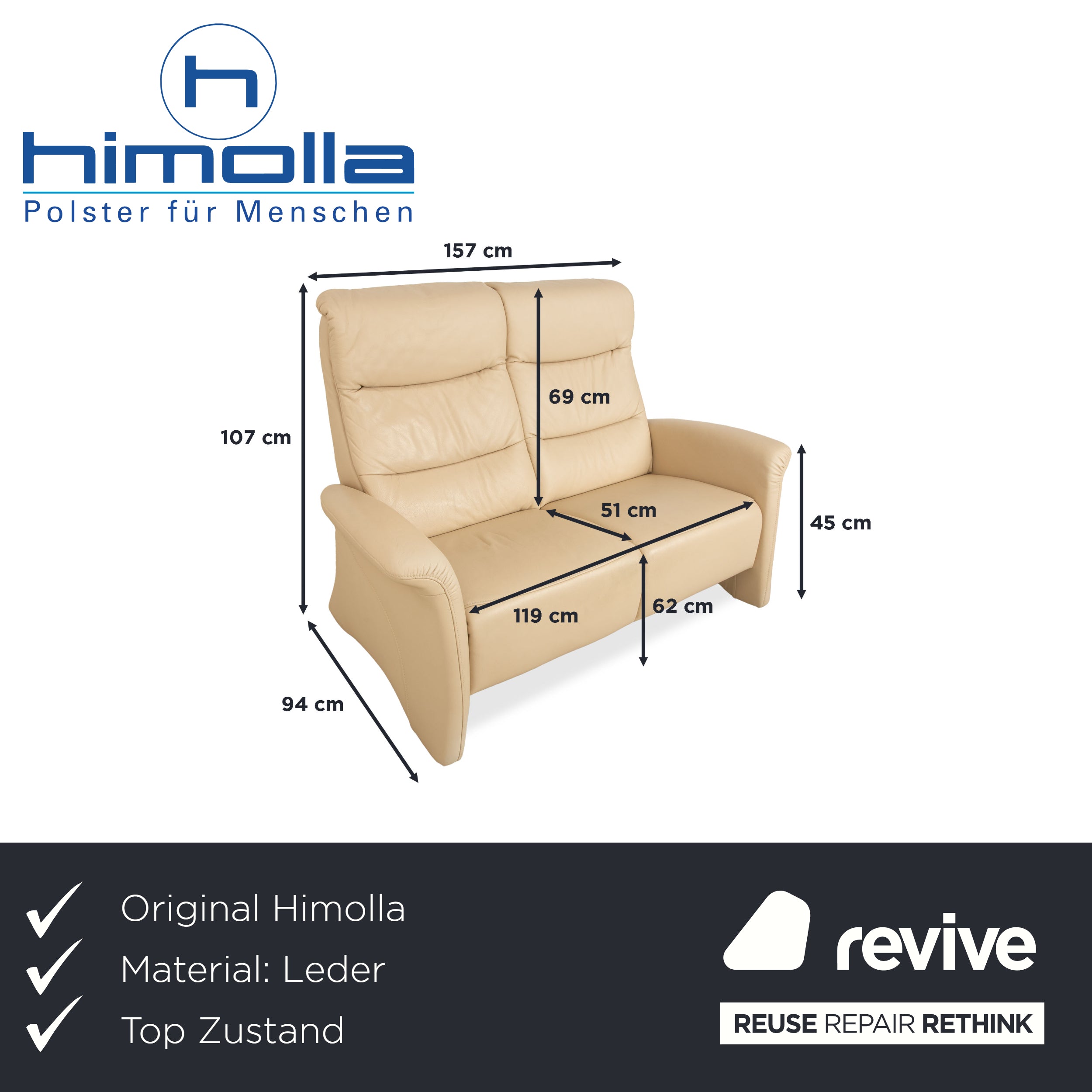 Himolla Leather Two-Seater Cream Beige Sofa Couch