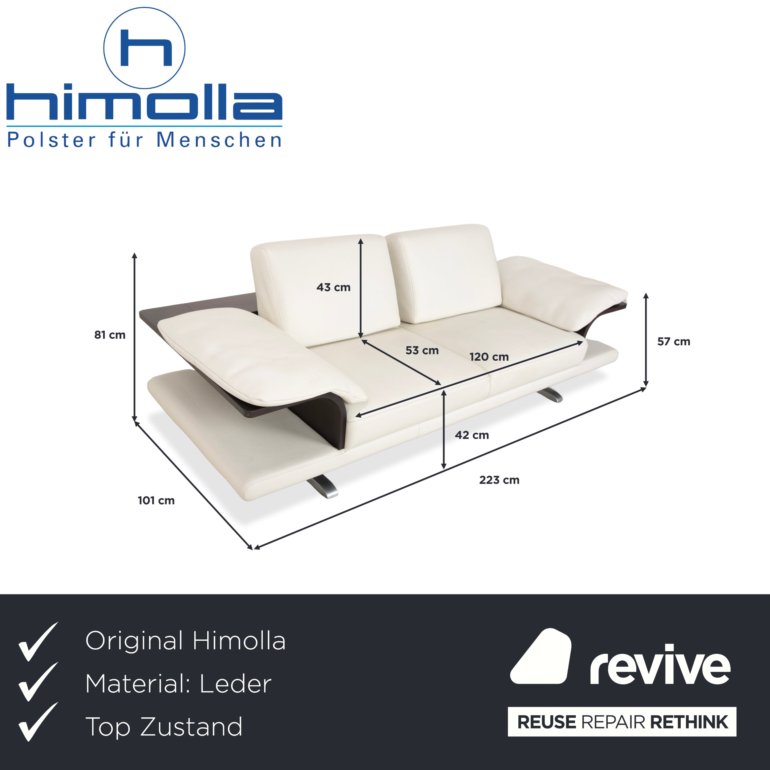 Himolla Leather Two-Seater Cream White Wood Sofa Couch