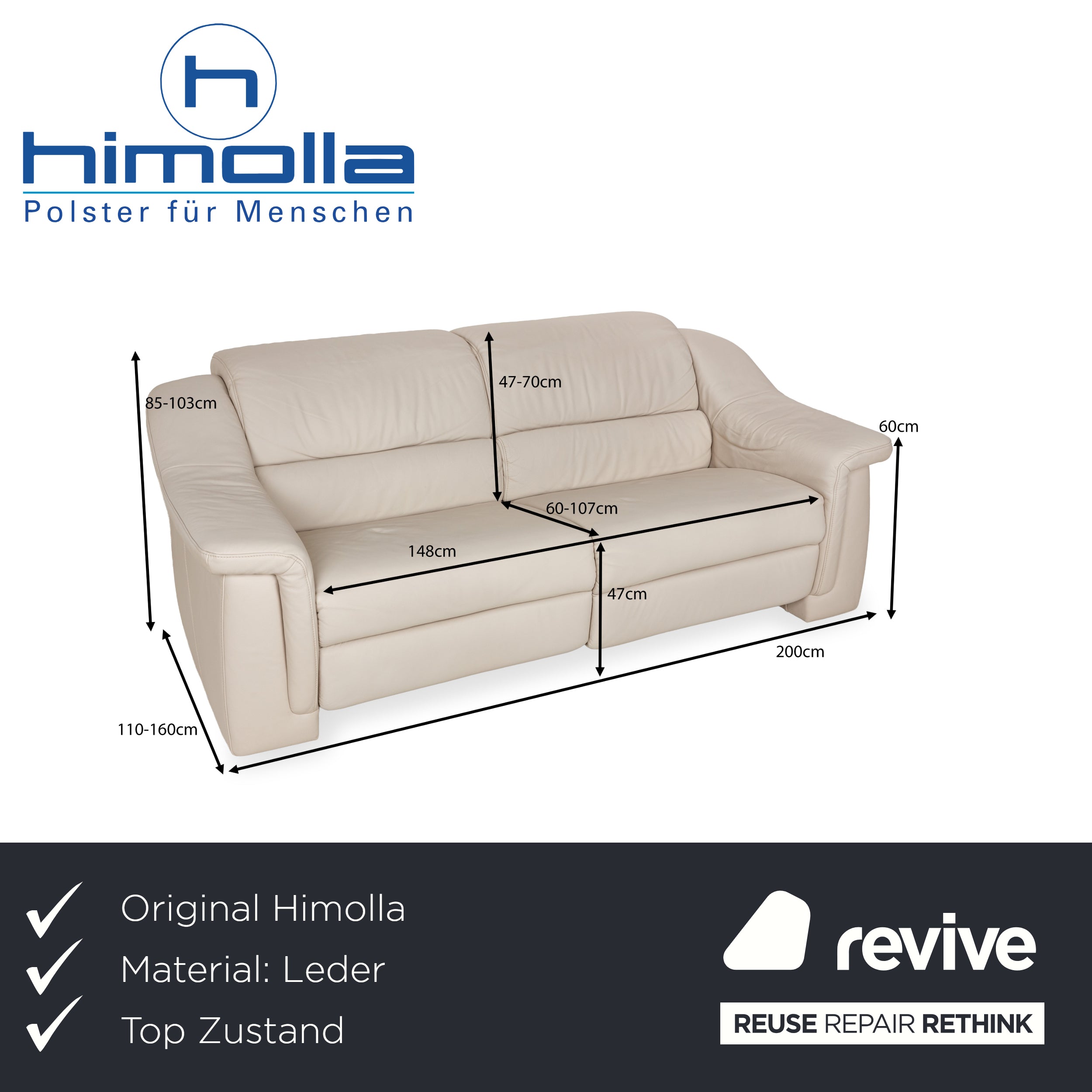 Himolla Planopoly Leder Zweisitzer Creme elektrische Funktion Sofa Couch Relaxfunktion