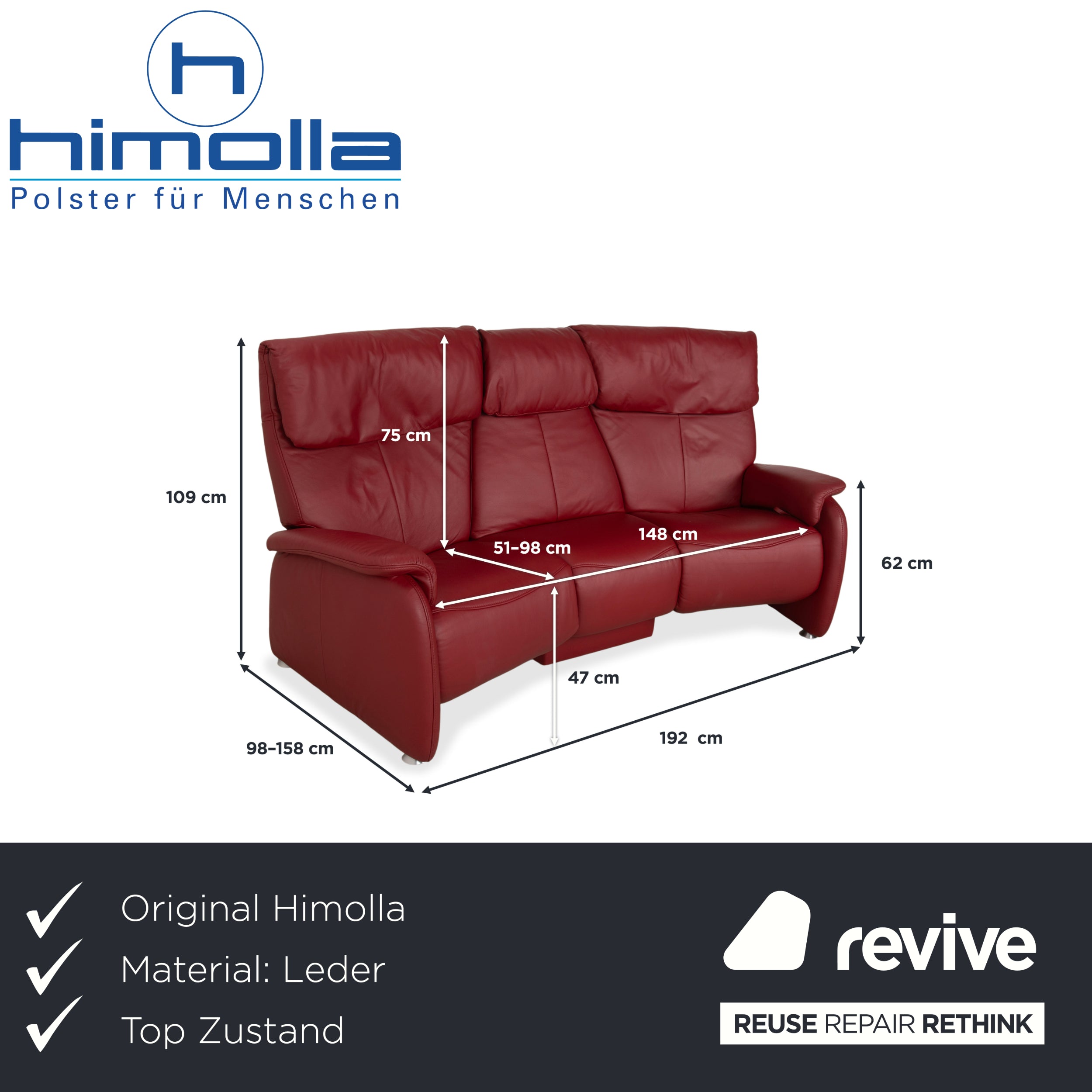 Himolla Trapez Dreisitzer Sofa Rot Bordeaux Comfort Master Collection manuelle Relaxfunktion Ablage in Wildeiche