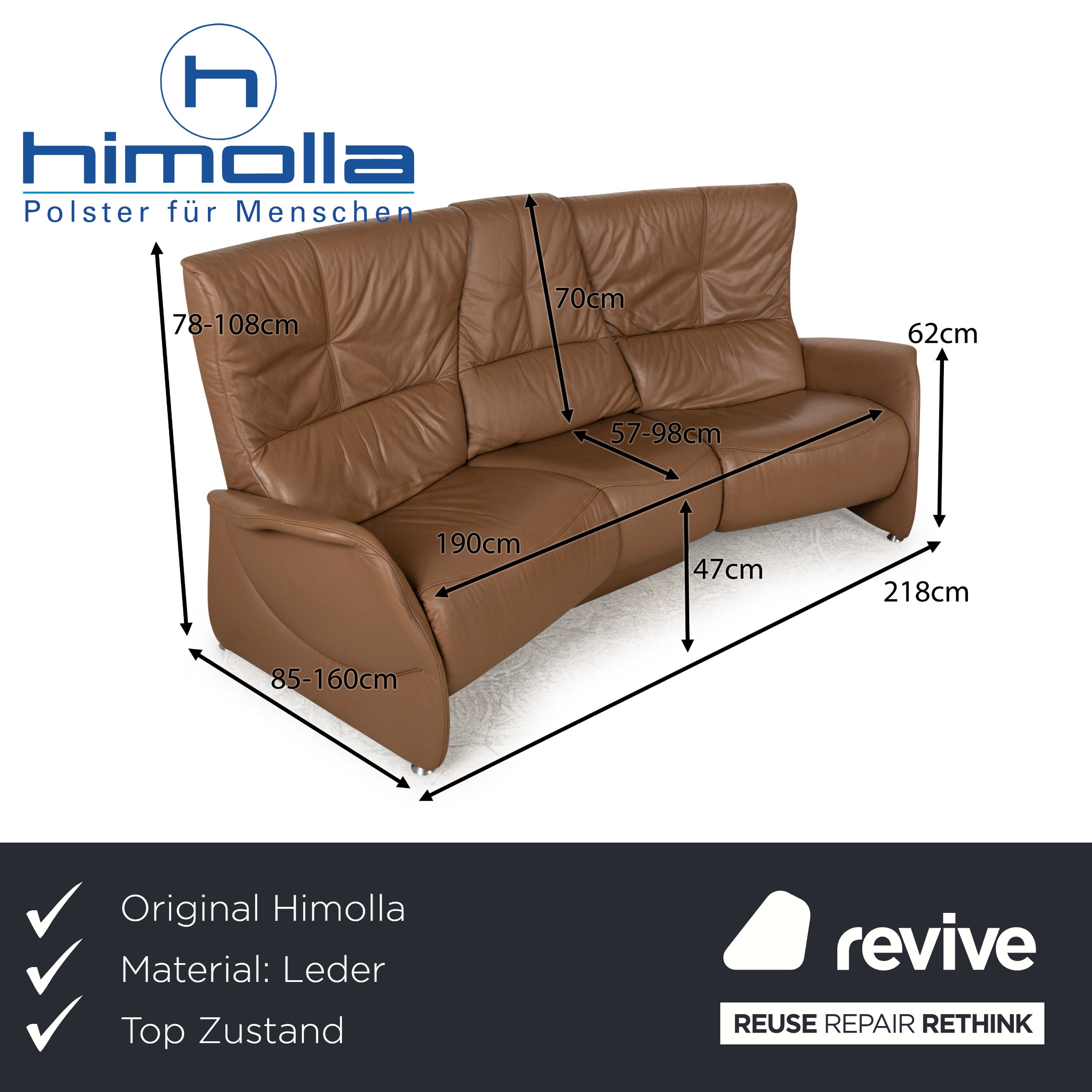 Himolla Trapez Leather Three-Seater Beige Sofa Couch Manual Function