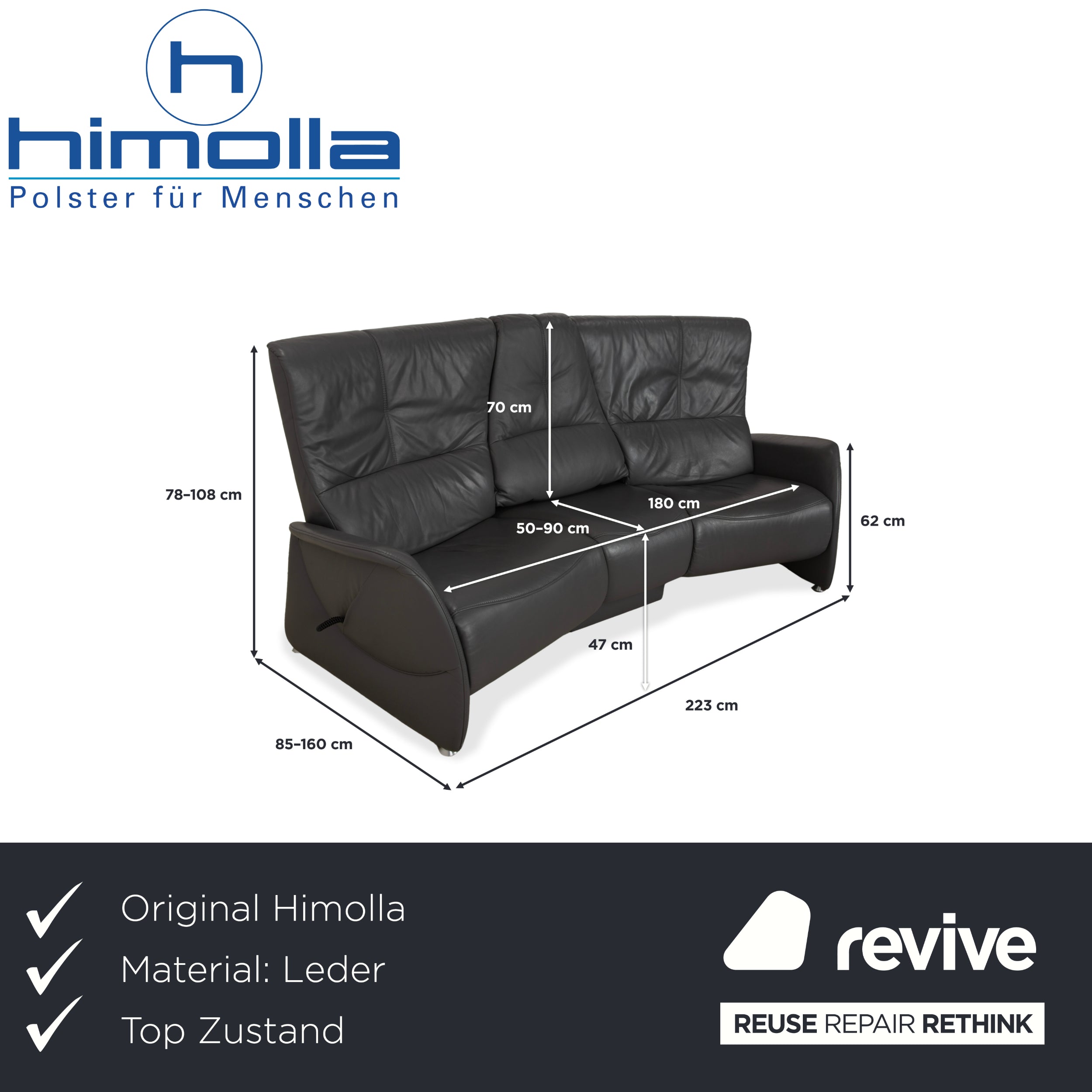 Himolla Trapez Leder Dreisitzer Grau elektrische Funktion Sofa Couch
