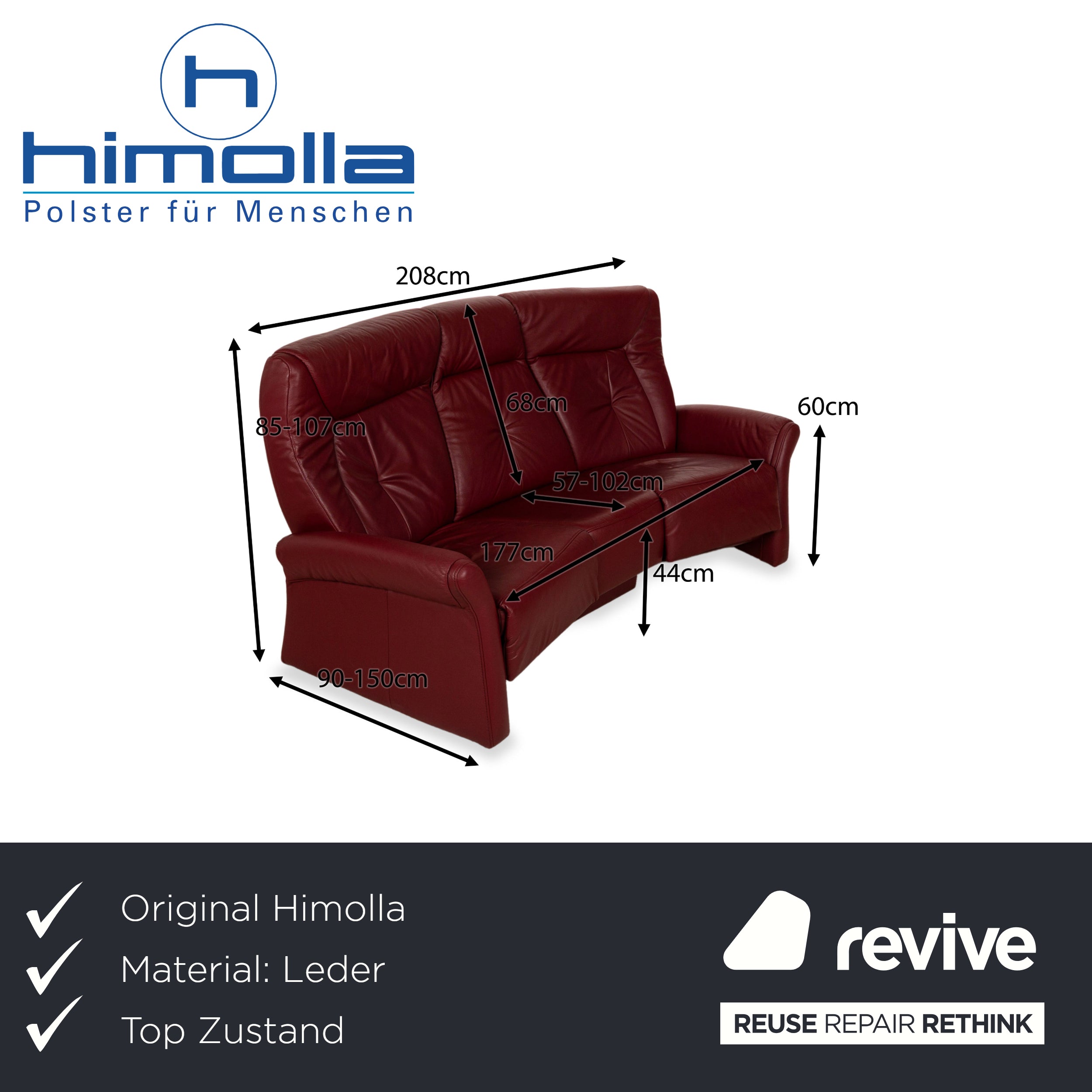 Himolla Trapez Leder Dreisitzer Rot manuelle Funktion Sofa Couch