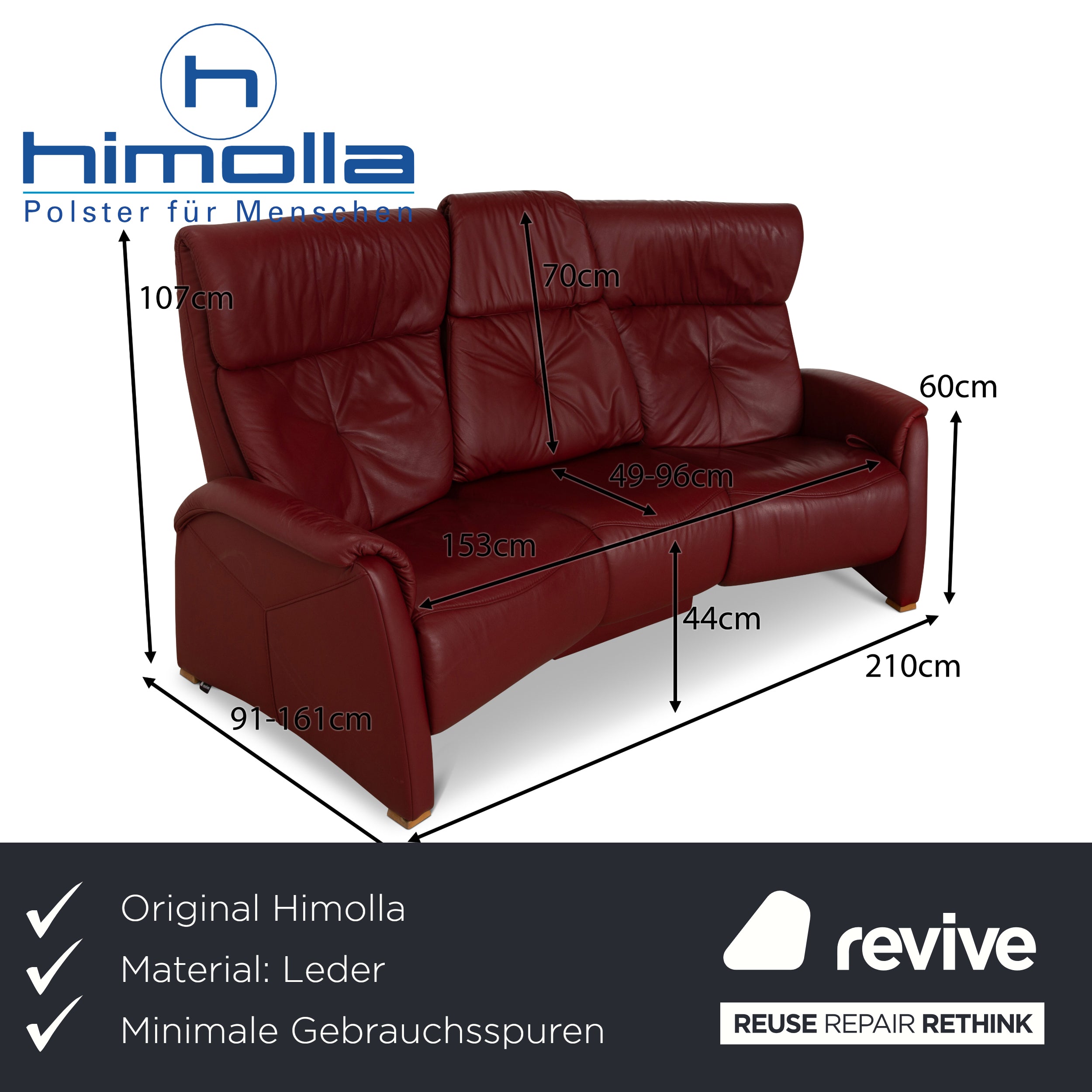 Himolla Trapez Leder Dreisitzer Rot manuelle Funktion Sofa Couch