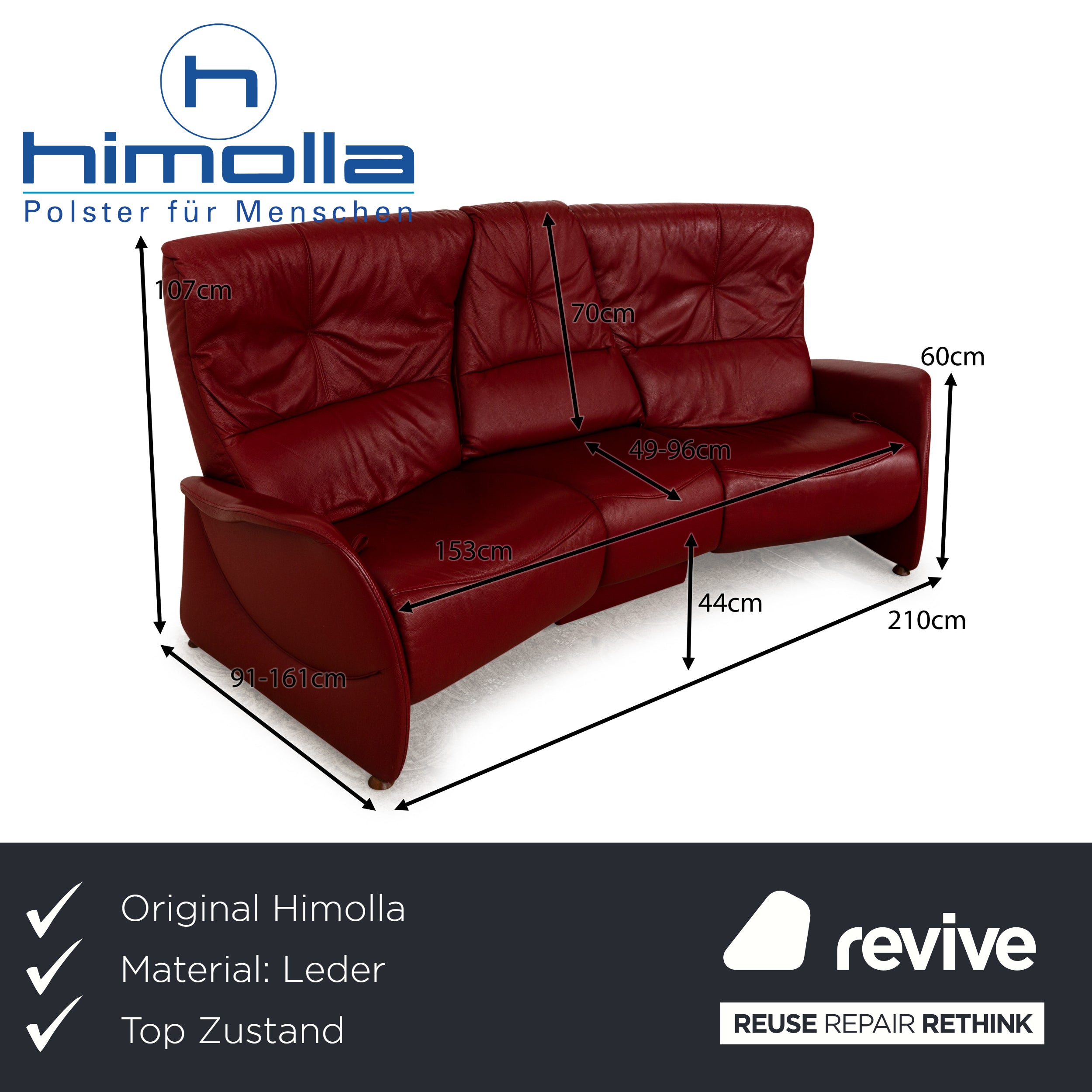 Himolla Trapez Leather Three Seater Red Manual Function Sofa Couch