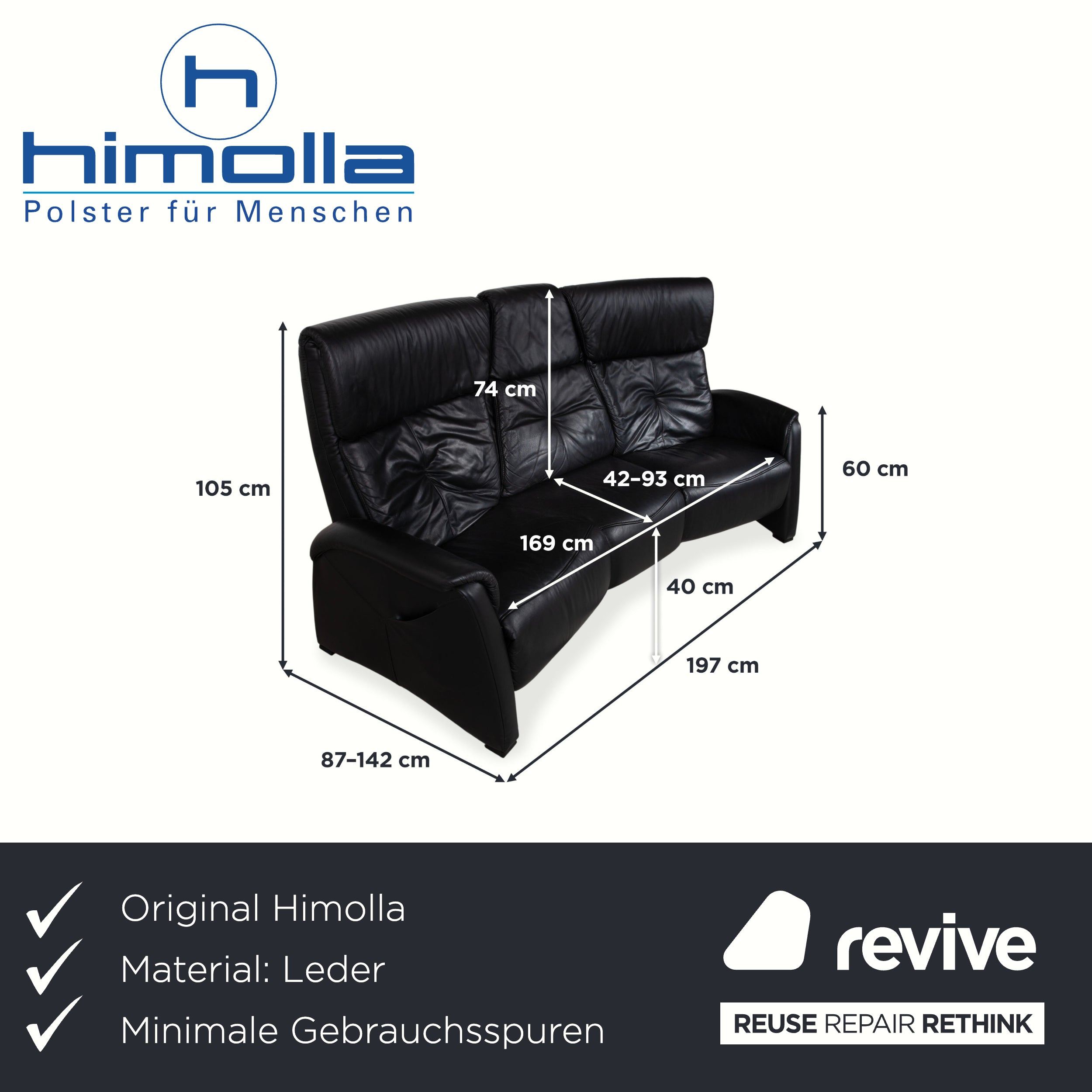 Himolla Trapez Leather Three-Seater Home Cinema Black Manual Function