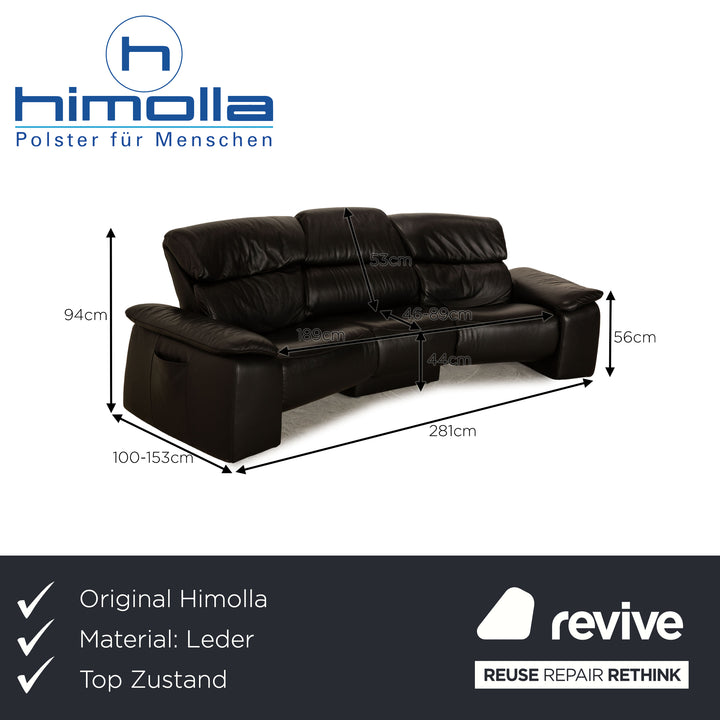 Himolla Trapez Leather Three Seater Black Sofa Couch Electric Function