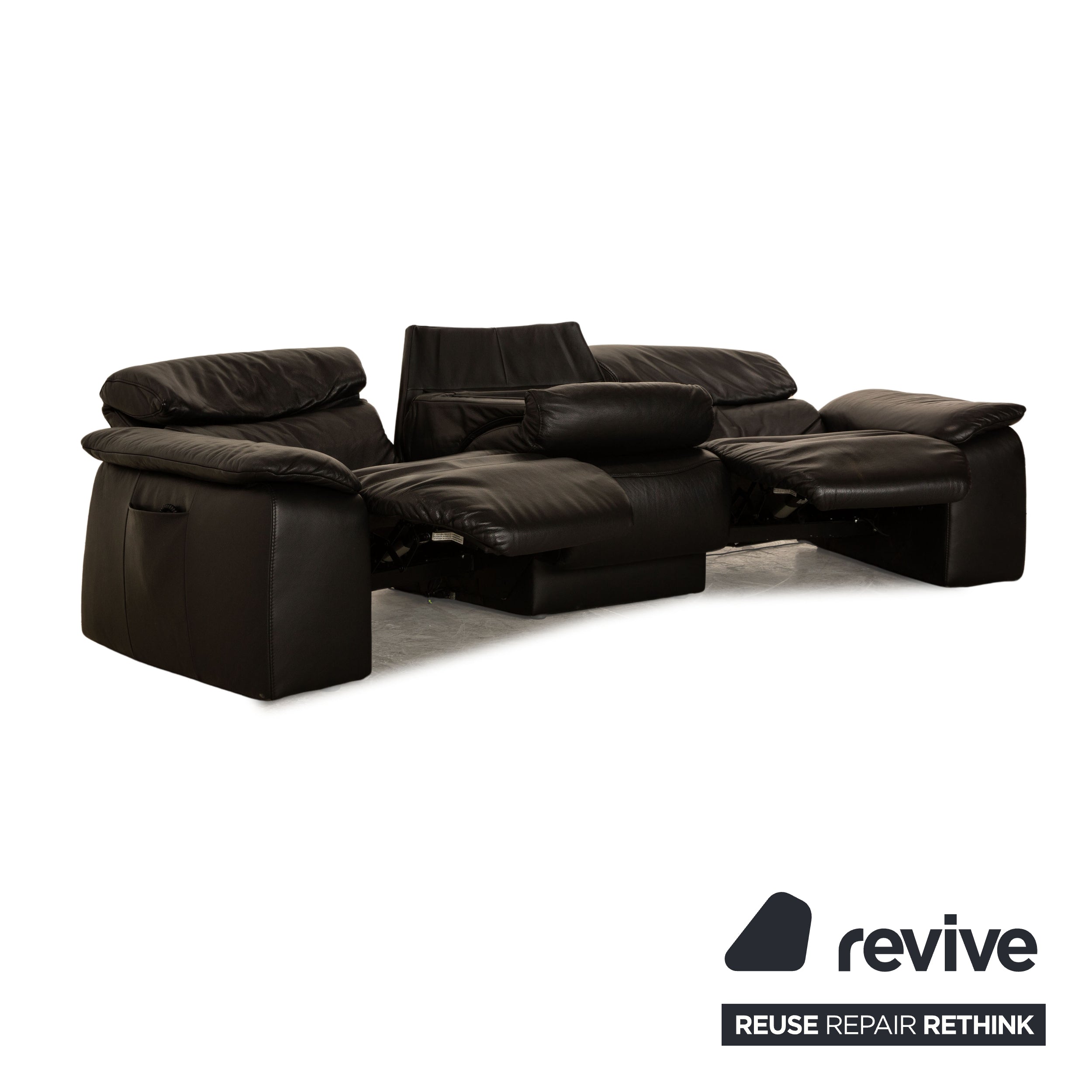 Himolla Trapez Leather Three Seater Black Sofa Couch Electric Function