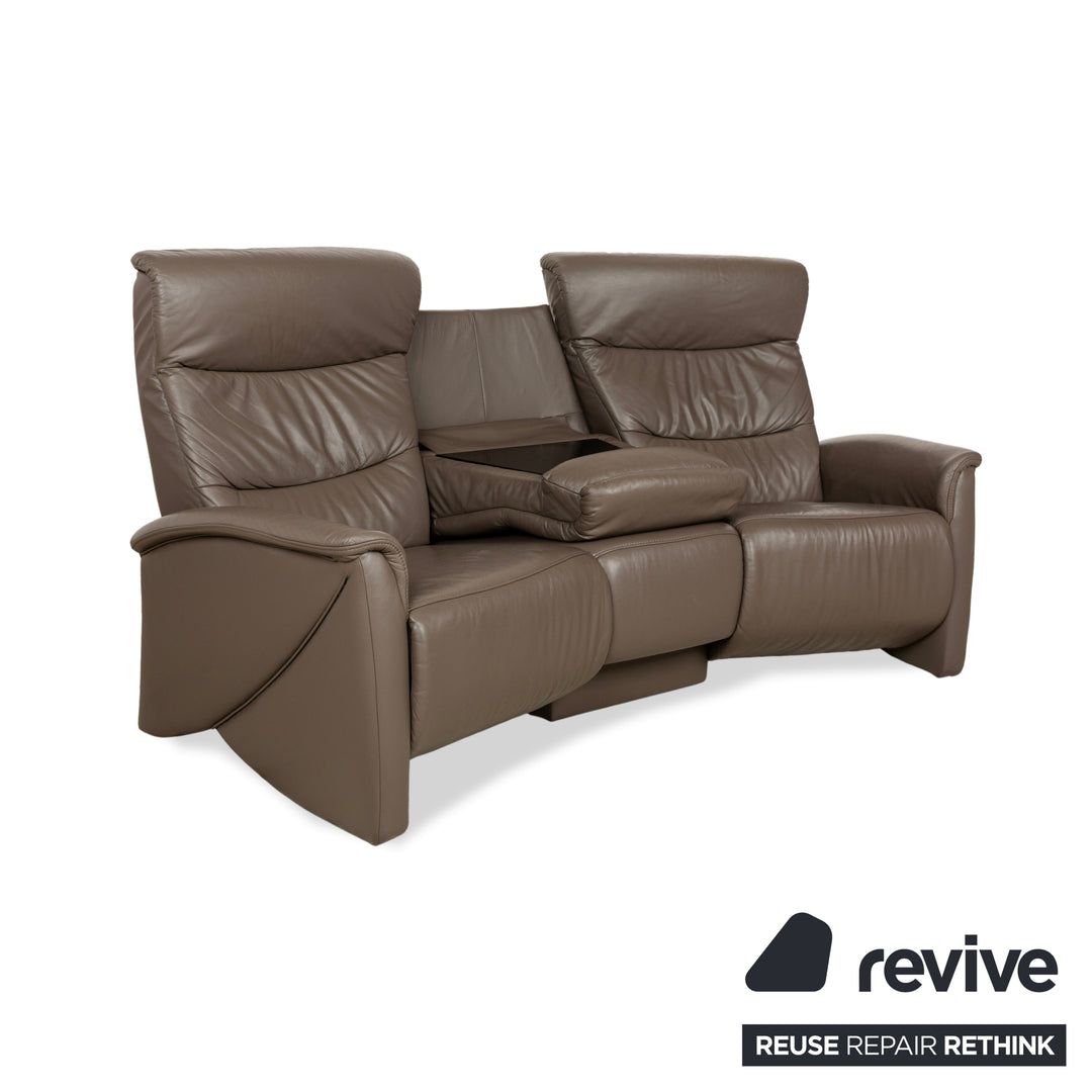 Himolla Trapez Leather Three-Seater Sofa Couch Brown Taupe Grey Manual Function