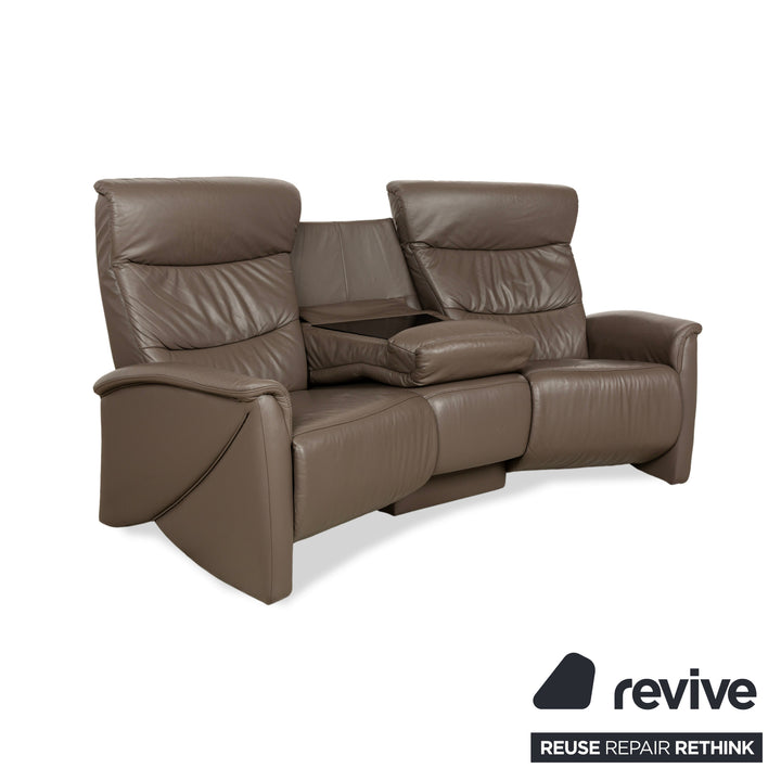 Himolla Trapez Leather Three-Seater Sofa Couch Brown Taupe Grey Manual Function