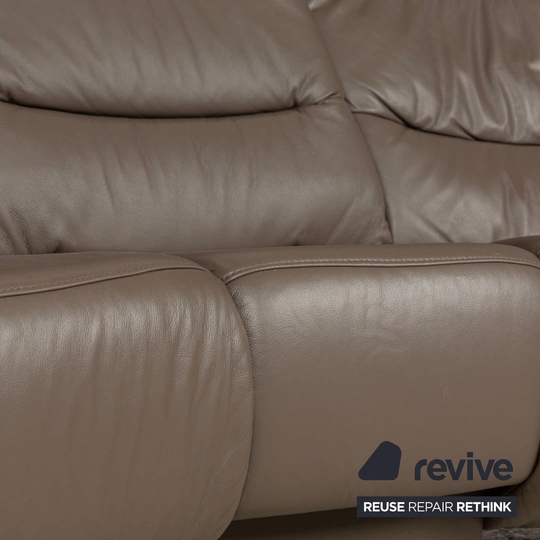 Himolla Trapez Leather Three-Seater Sofa Couch Brown Taupe Grey Manual Function